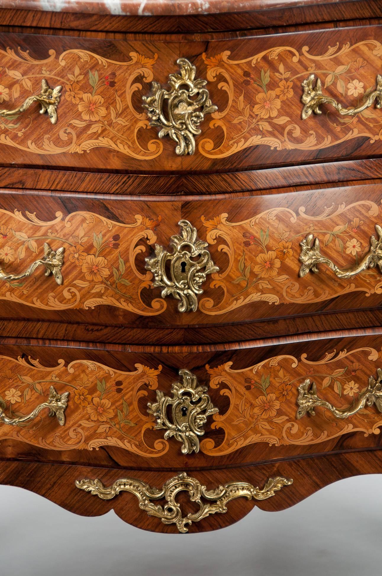 Fine French Louis XV Style Inlaid Bombe Marble Topped Commode 2