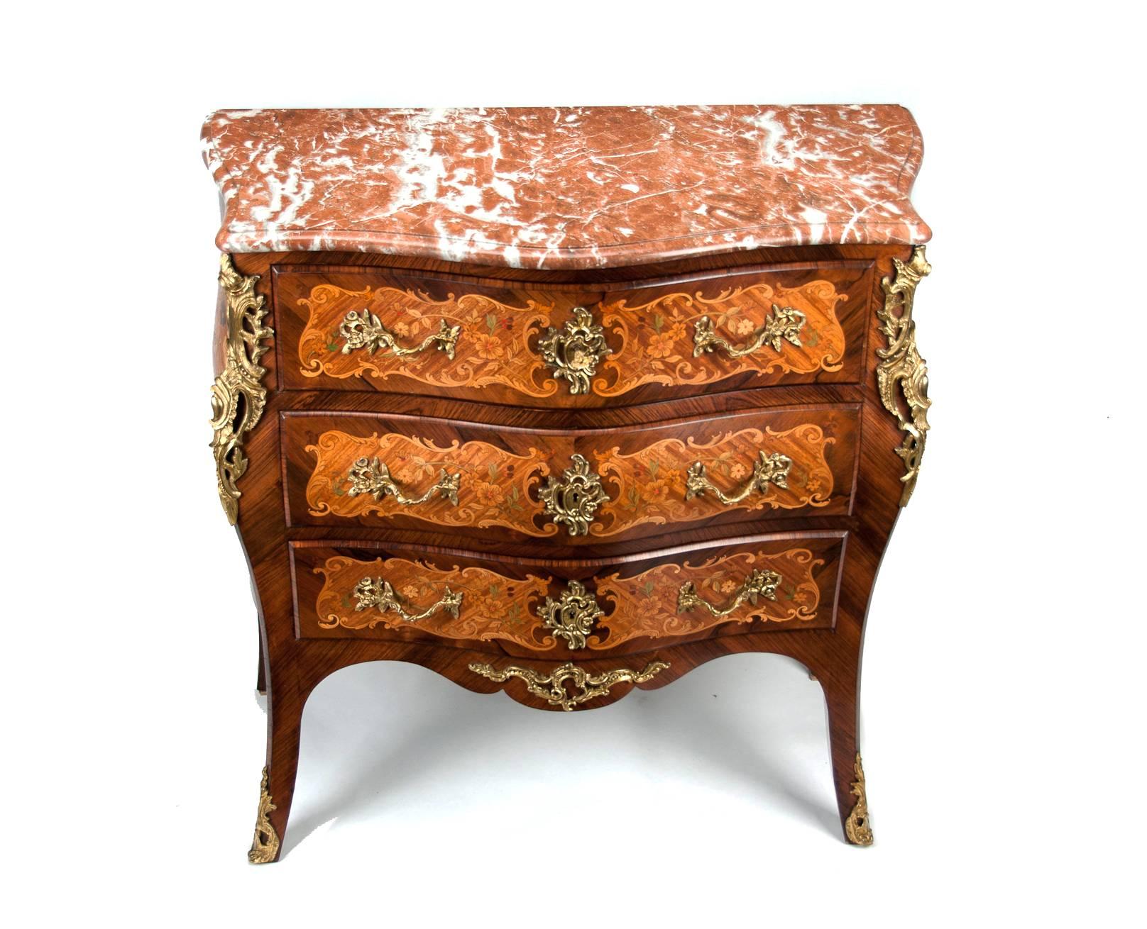Fine French Louis XV Style Inlaid Bombe Marble Topped Commode 3