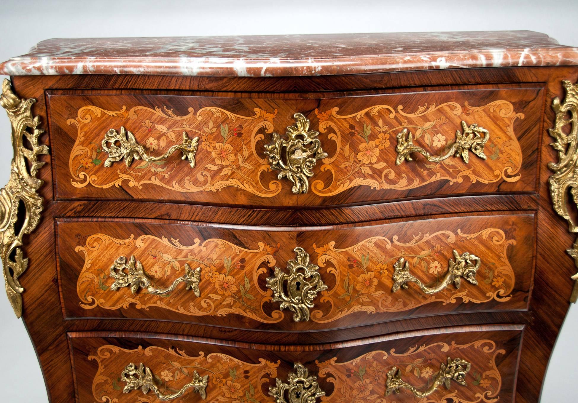 Fine French Louis XV Style Inlaid Bombe Marble Topped Commode 4
