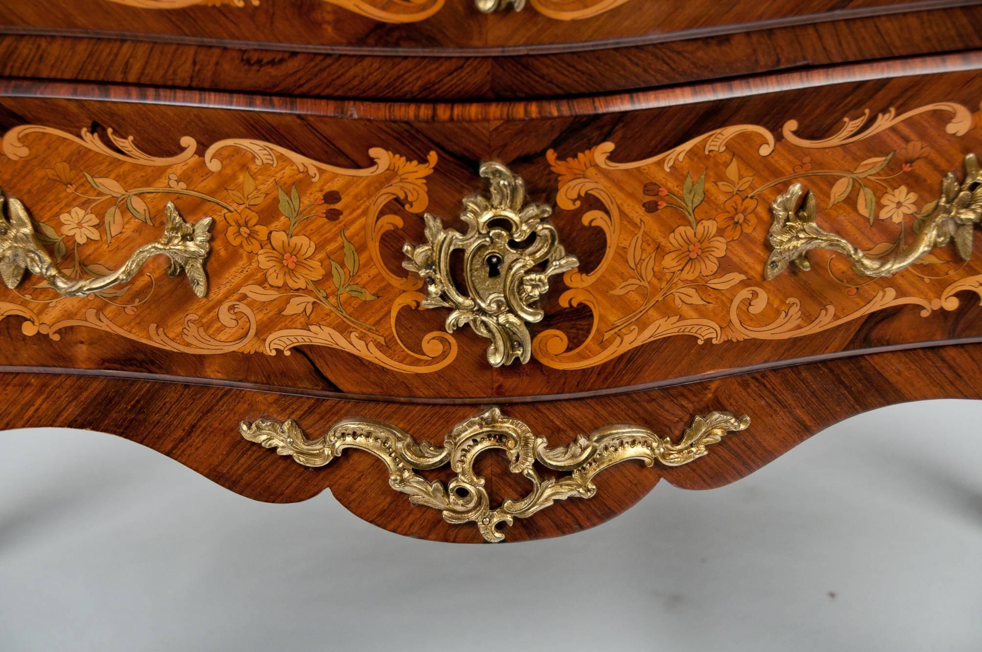 Fine French Louis XV Style Inlaid Bombe Marble Topped Commode 6