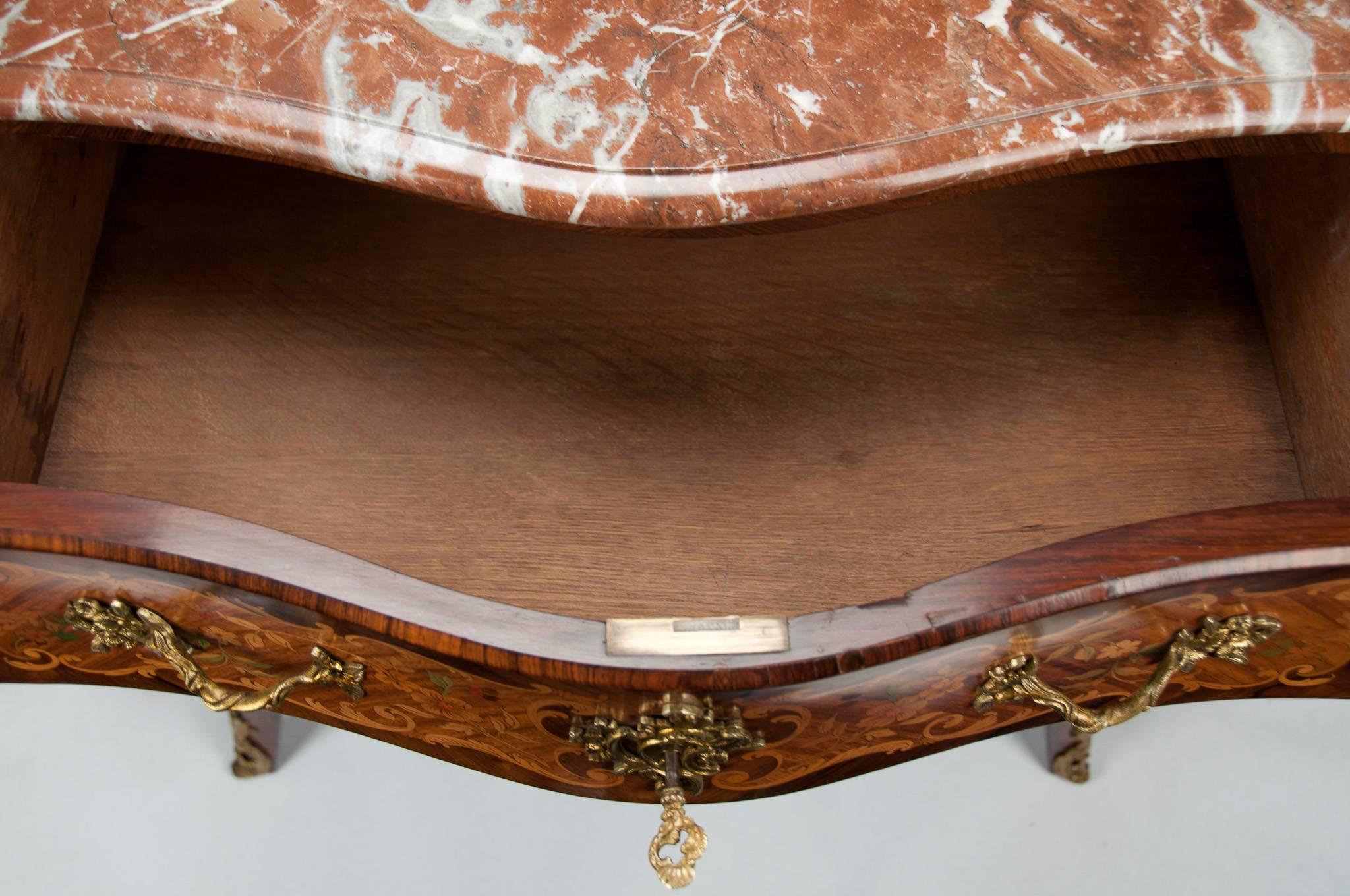 Fine French Louis XV Style Inlaid Bombe Marble Topped Commode 7