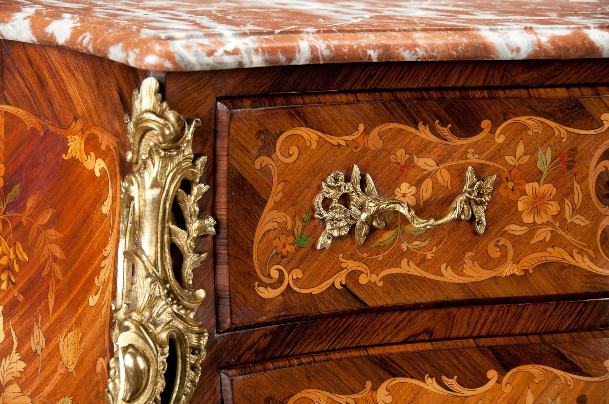 Early 20th Century Fine French Louis XV Style Inlaid Bombe Marble Topped Commode