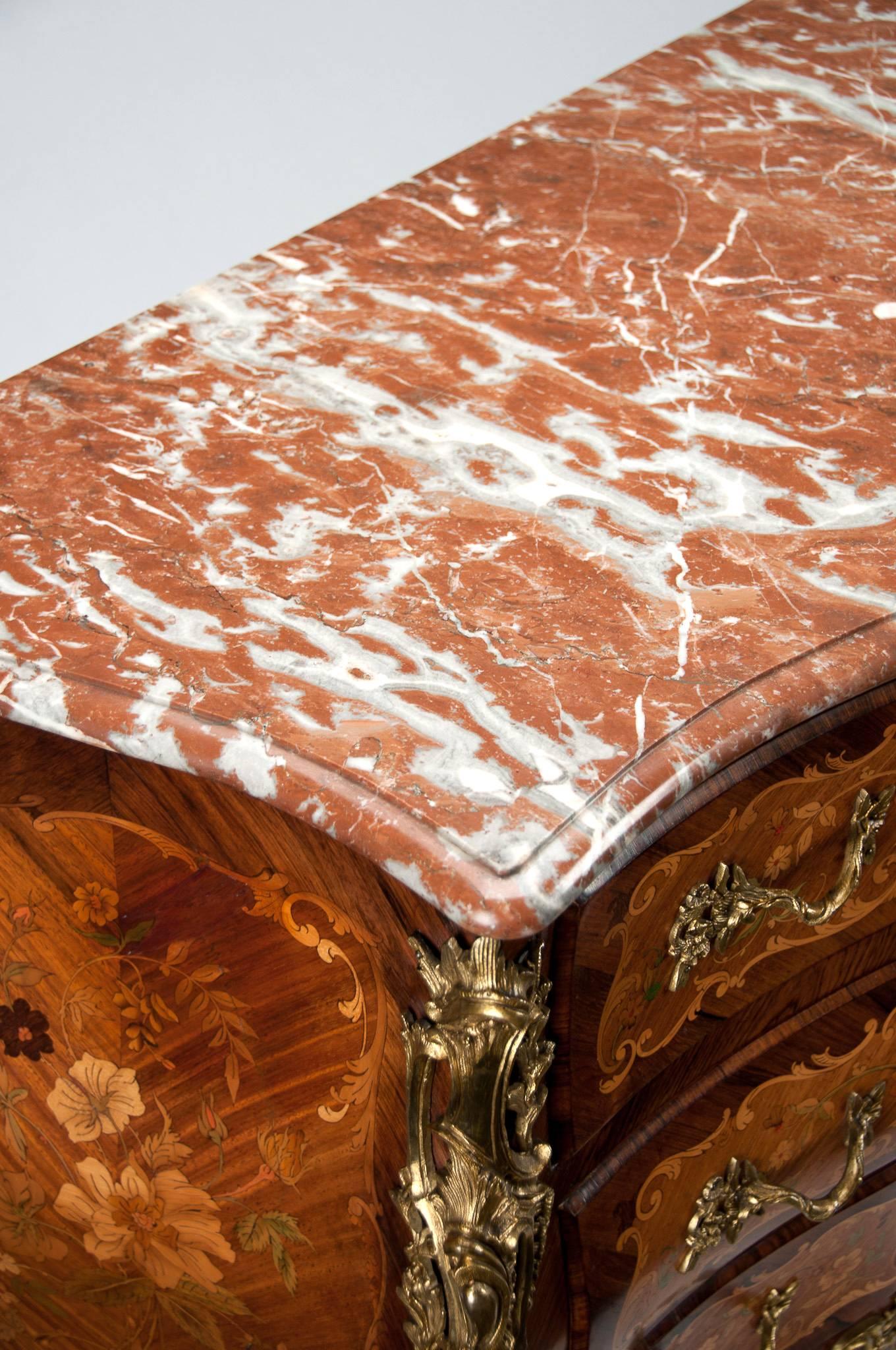 Kingwood Fine French Louis XV Style Inlaid Bombe Marble Topped Commode