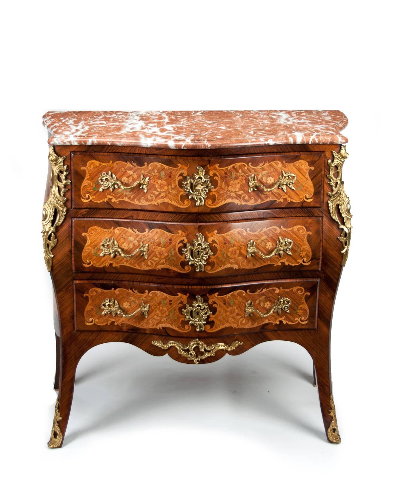 Fine French Louis XV Style Inlaid Bombe Marble Topped Commode 1