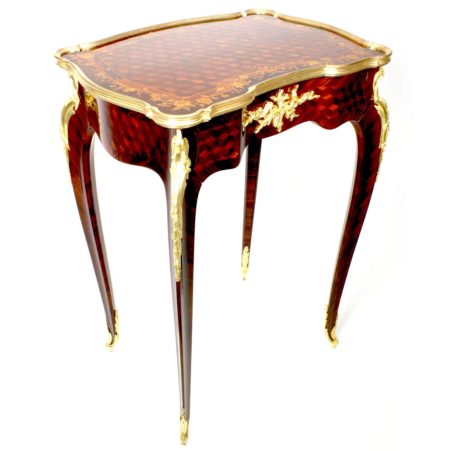 A Very Fine French Louis XV Transitional Style Gilt-Bronze Mounted, Marquetry and Æil de Vermeil Parquetry single-drawer side-table by François Linke (1855-1946). The rectangular top with a kingwood and satinwood parquetry design and a fruitwood