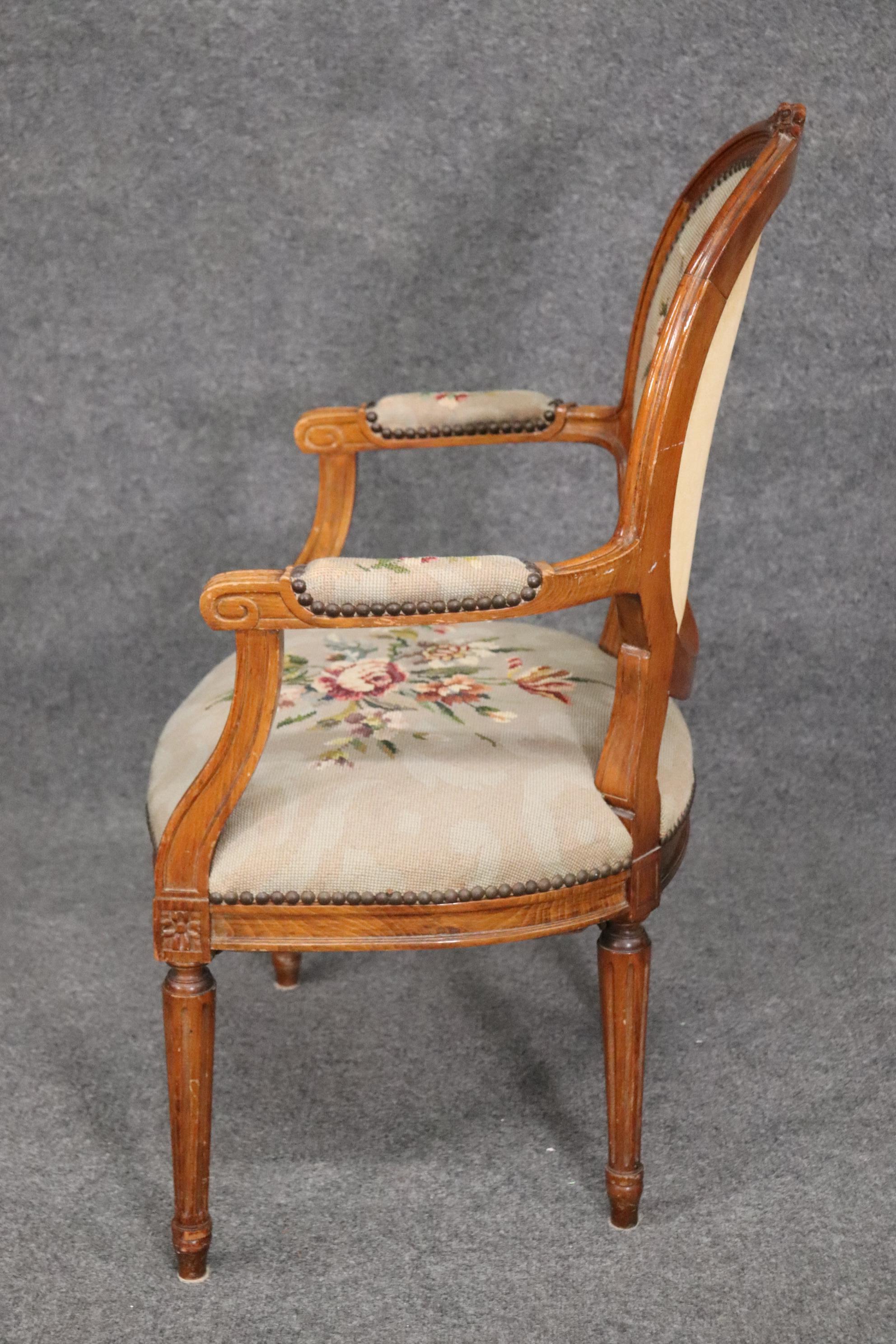 Mid-20th Century Fine French Louis XVI Carved Walnut Needlepoint Armchair Circa 1940 For Sale