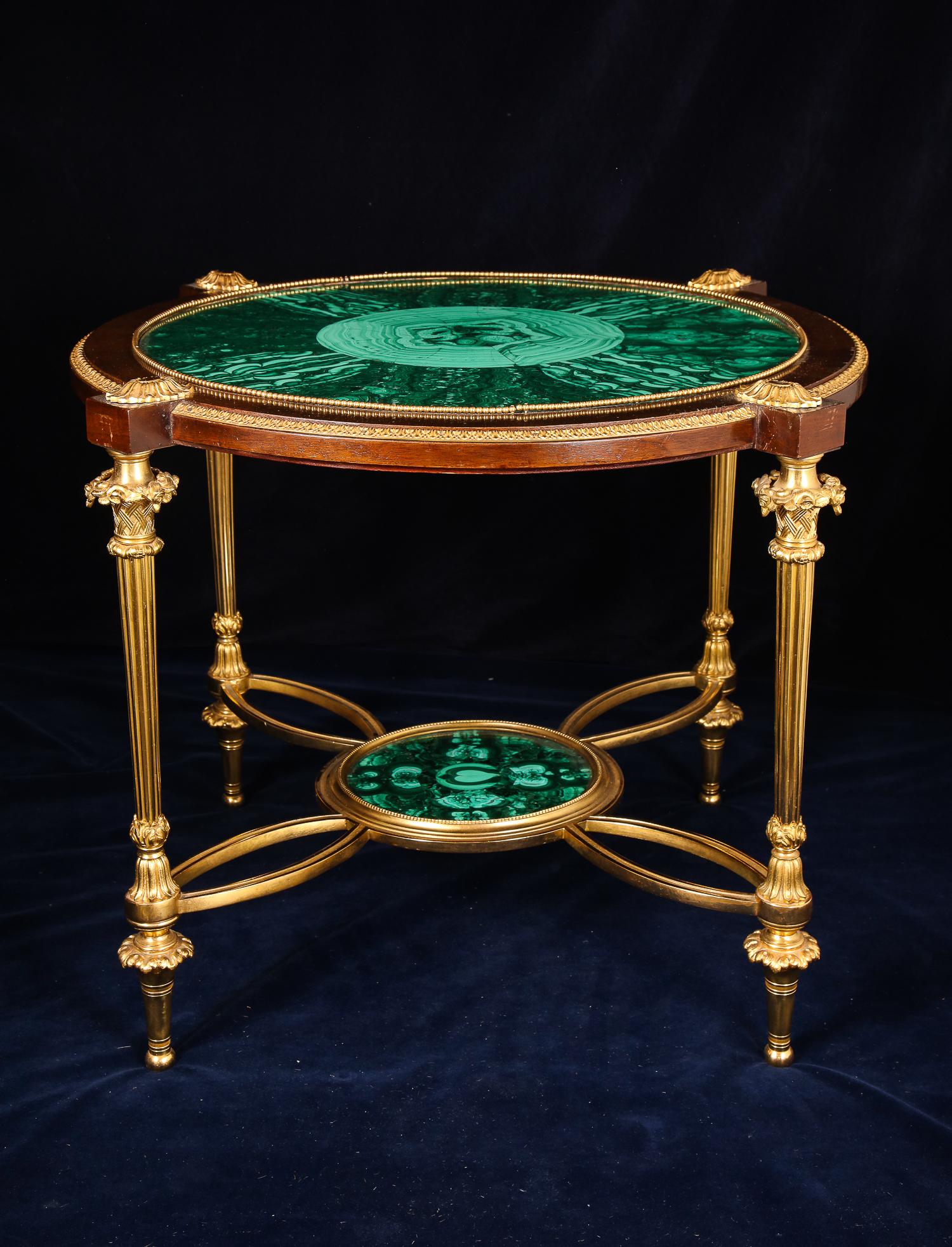 Hand-Carved Fine French Louis XVI Style Gilt Bronze and Malachite Coffee Table