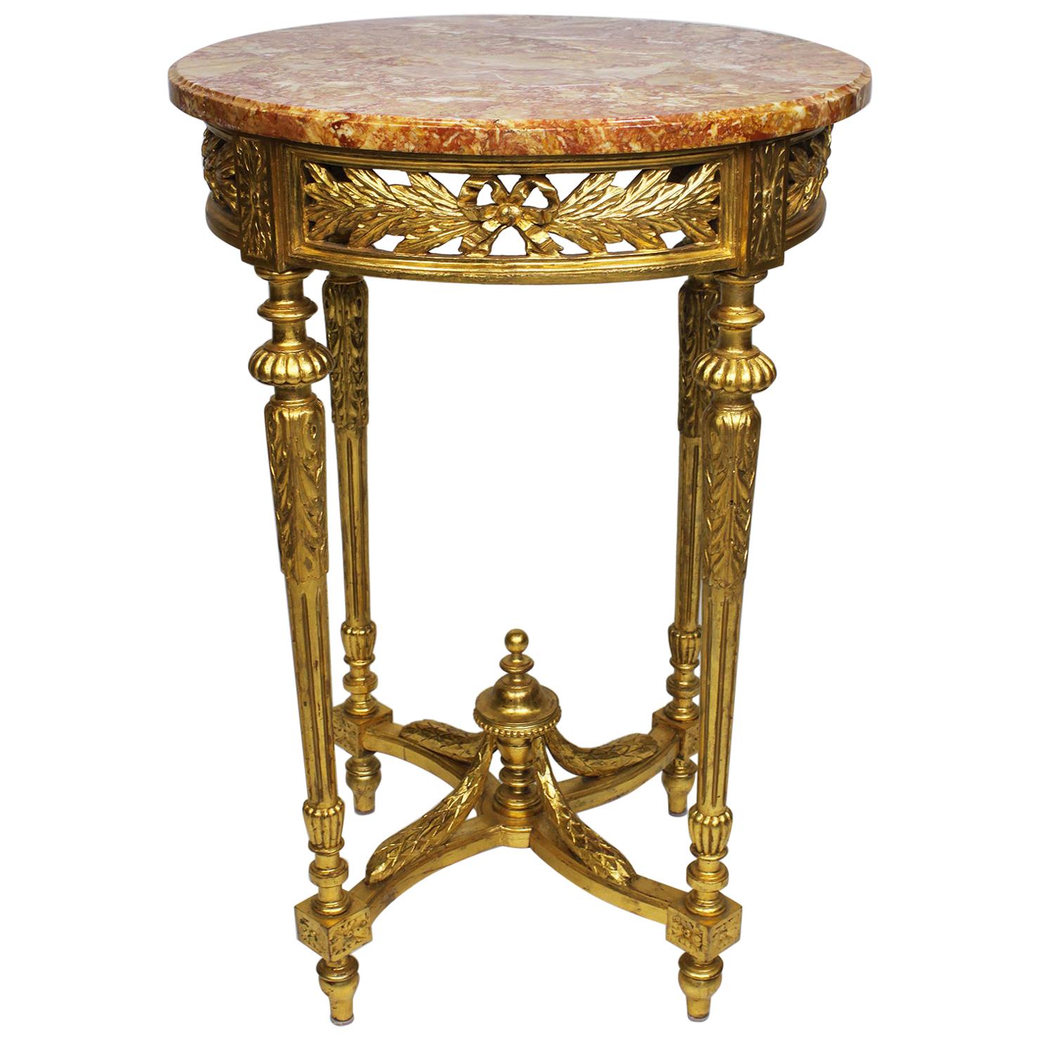 Fine French Louis XVI Style Gilt Wood Carved Guéridon Side Table with Marble Top