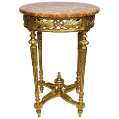 Table d'appoint Guéridon en bois sculpté et doré de style Louis XVI avec plateau en marbre