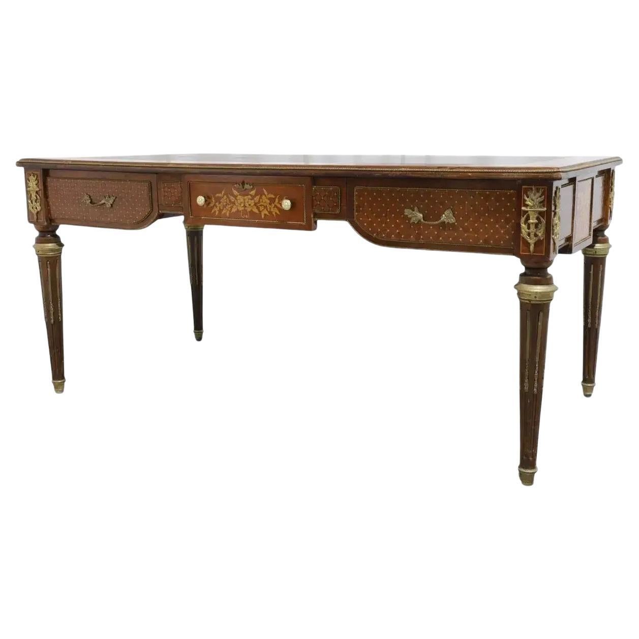 Fine French Louis XVI Style Marquetry Executive Desk With Leather Top