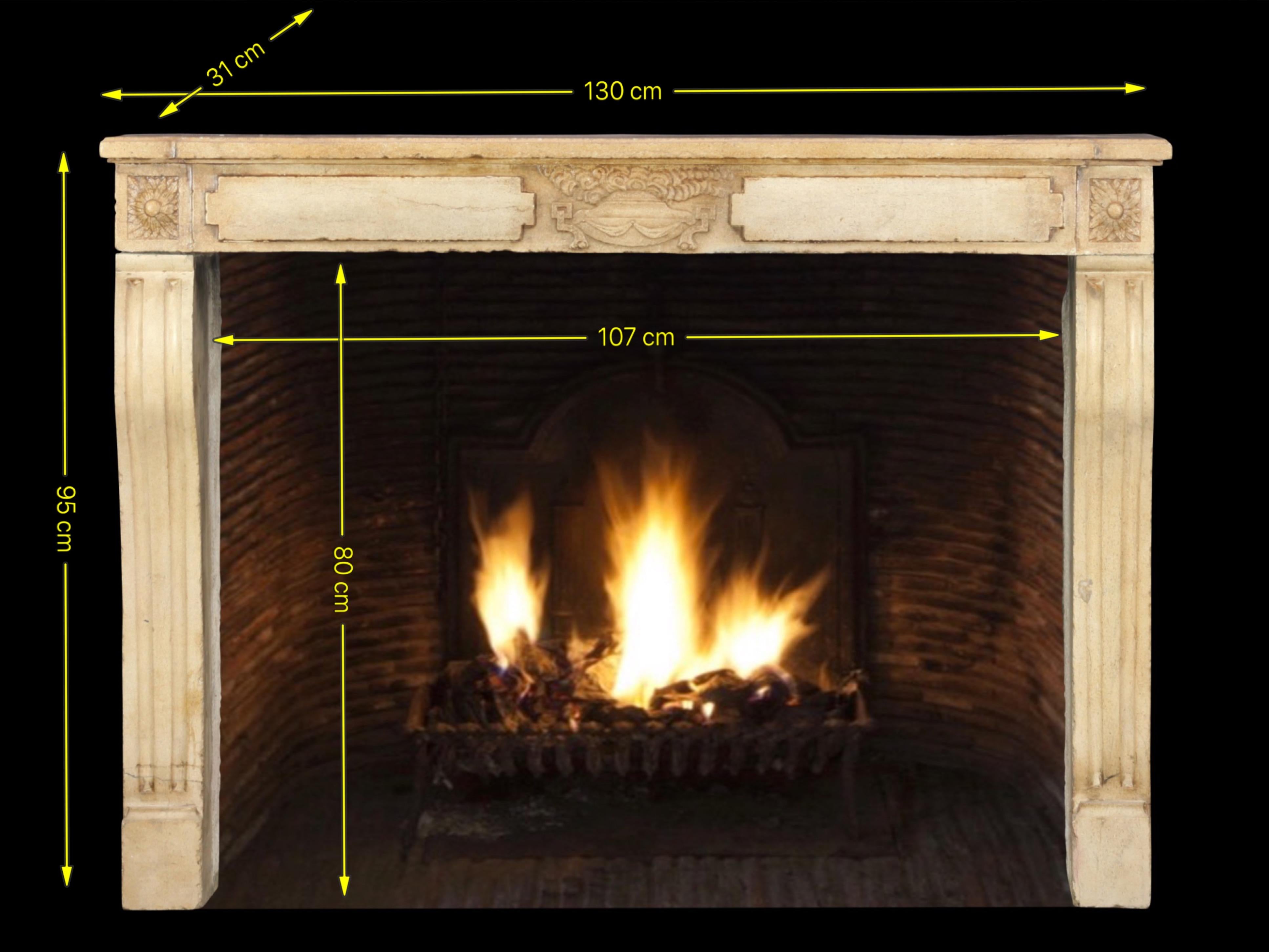 A fine Classic French Louis XVI style vintage fireplace in a honey color Burgundy hard stone/marble. The chimney piece marries well with wood. It still has some nice patina. It was built in the early 19th century.
Measures:
130 cm exterior width