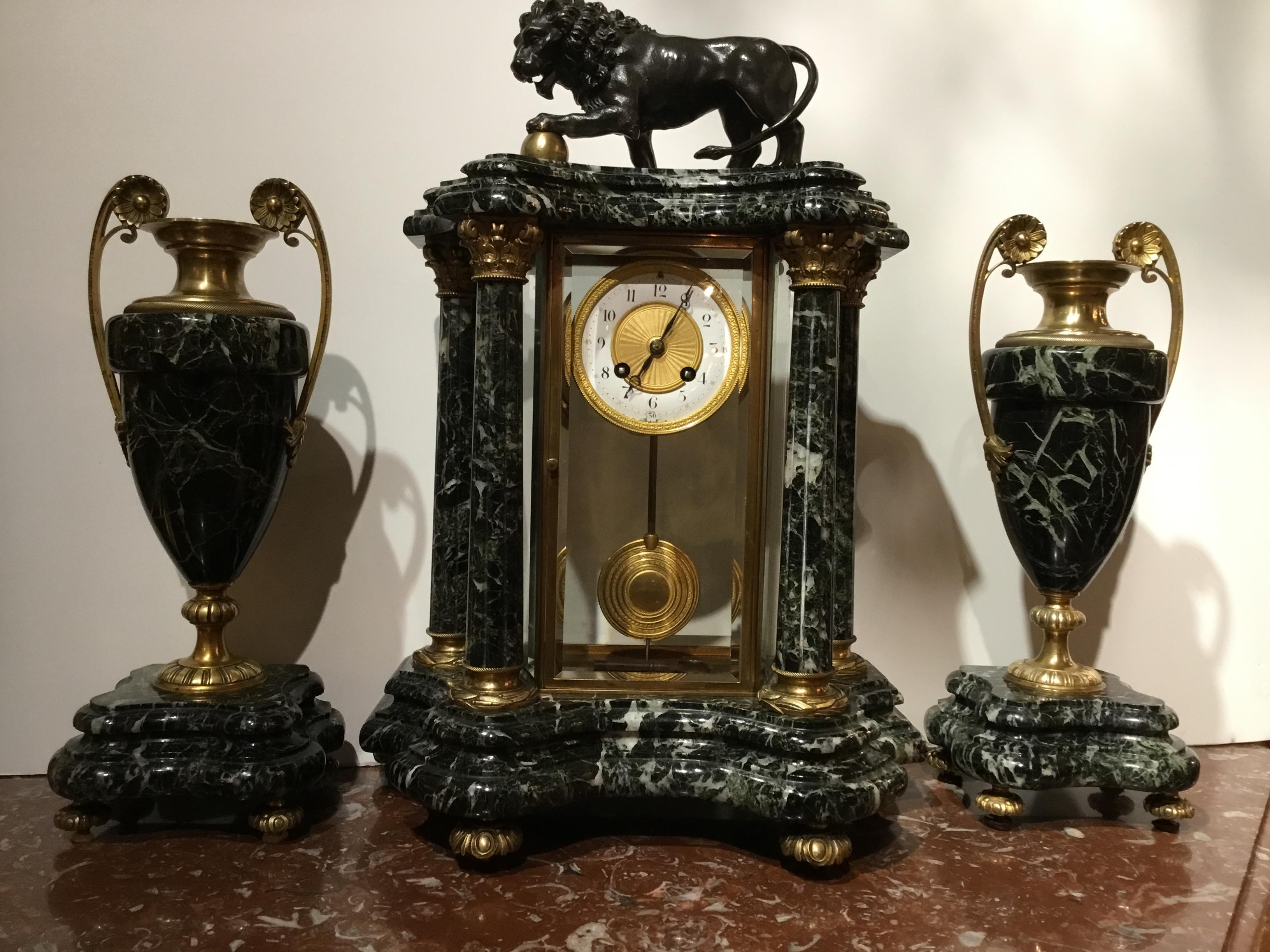 Fine French Marble and Bronze Mantel Clock and Garnitures A.D. Mougin In Good Condition For Sale In Houston, TX