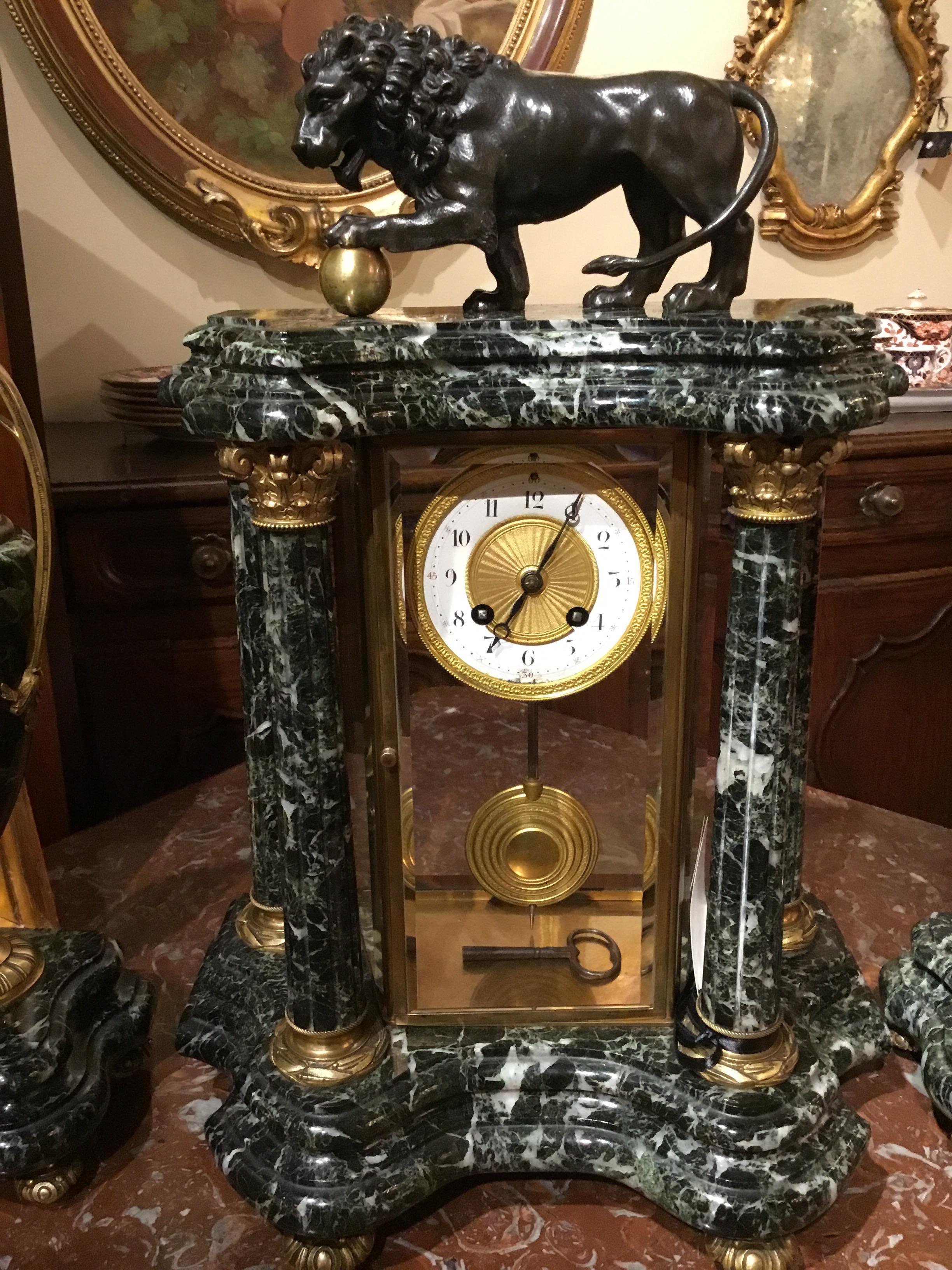 19th Century Fine French Marble and Bronze Mantel Clock and Garnitures A.D. Mougin For Sale