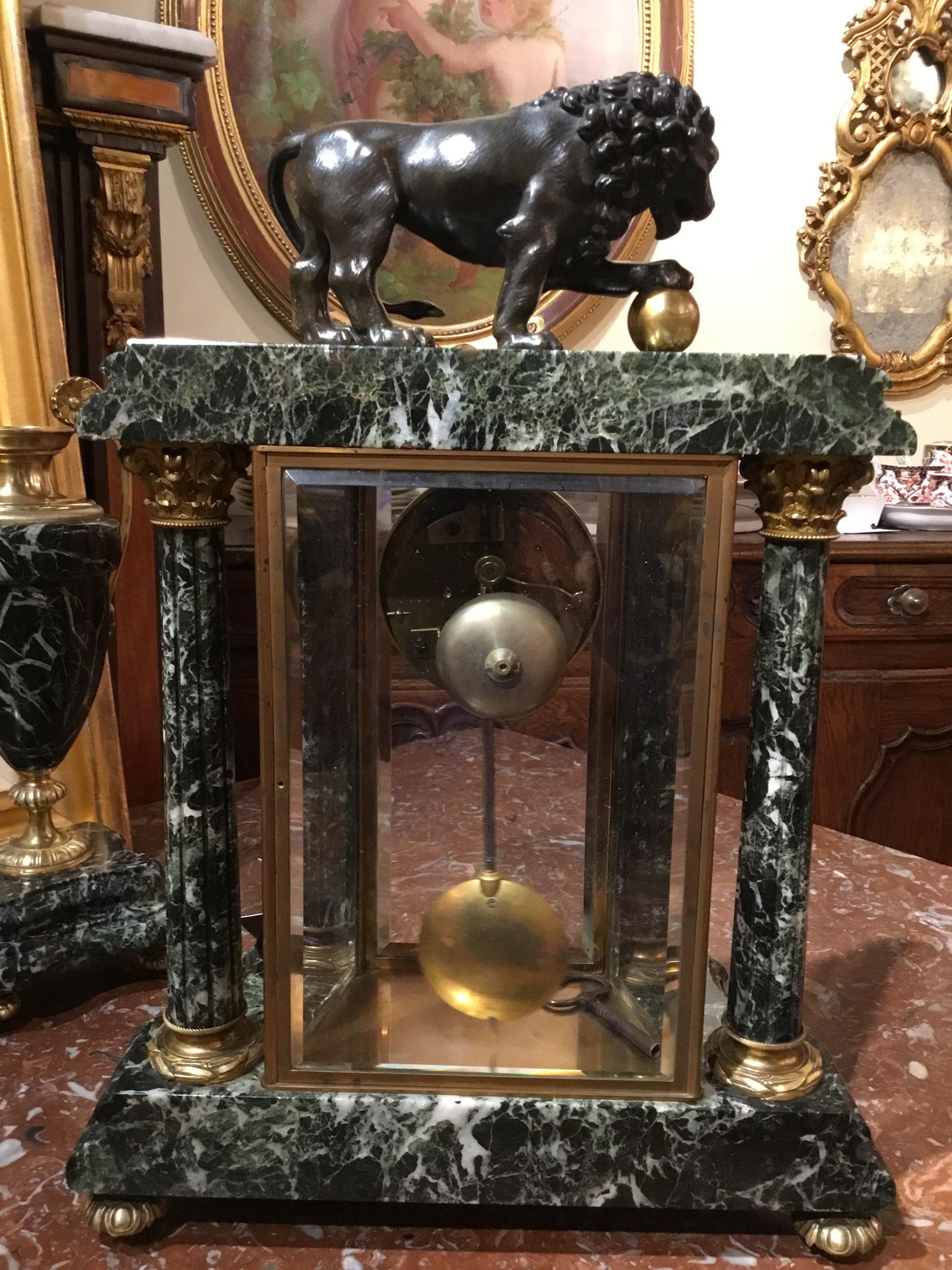 Fine French Marble and Bronze Mantel Clock and Garnitures A.D. Mougin For Sale 2