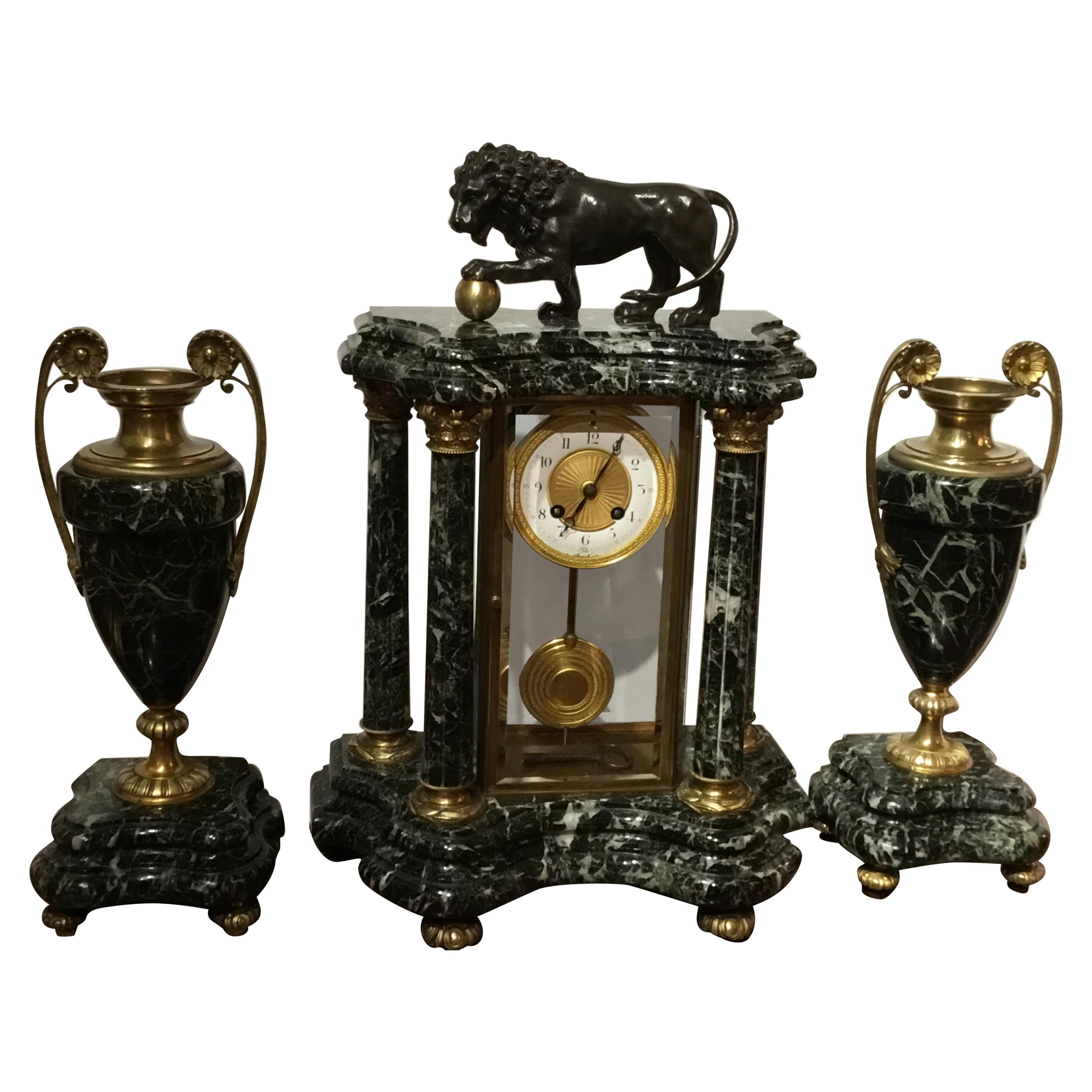 Fine French Marble and Bronze Mantel Clock and Garnitures A.D. Mougin For Sale
