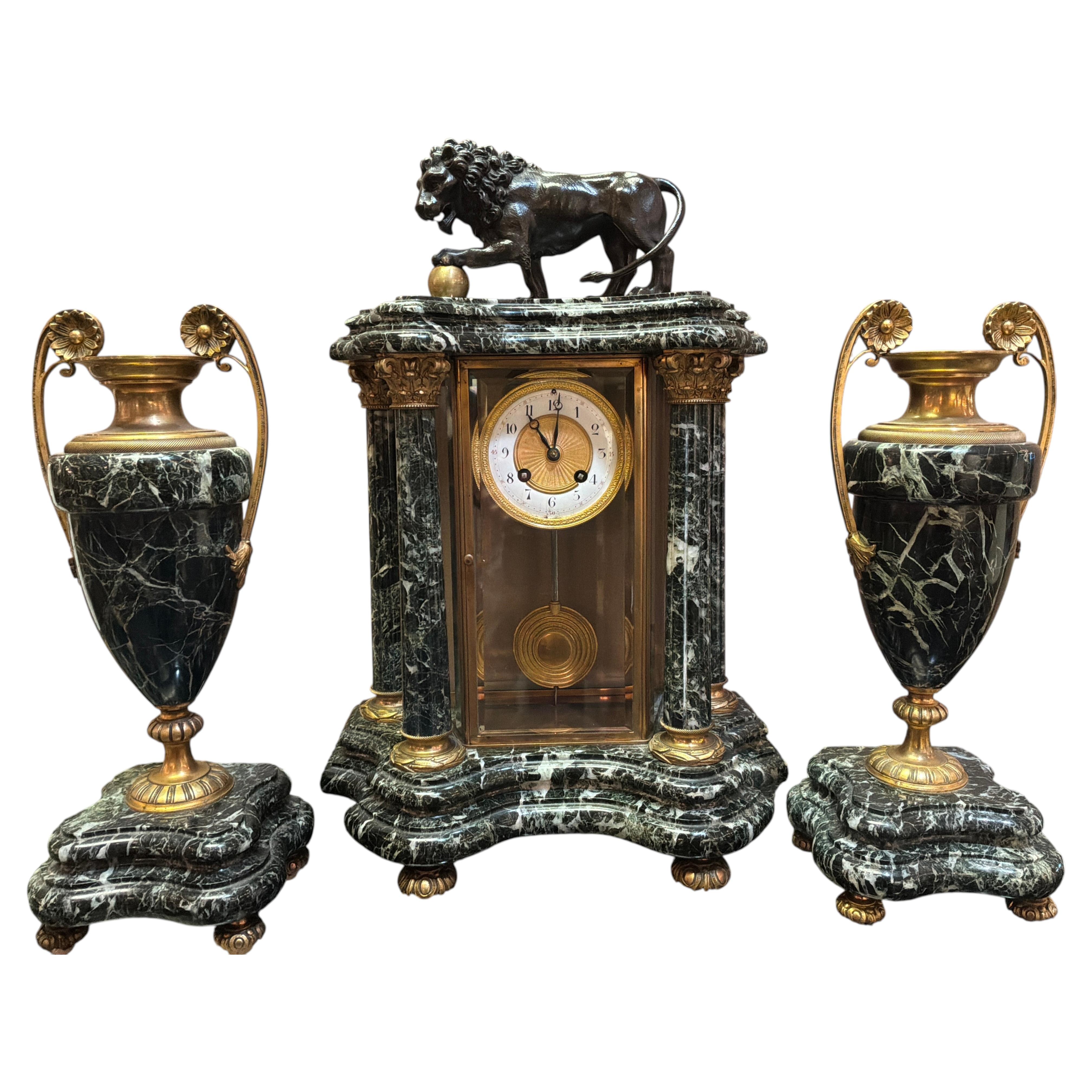 Fine French Marble and Bronze Mantel Clock and Garnitures A.D. Mougin