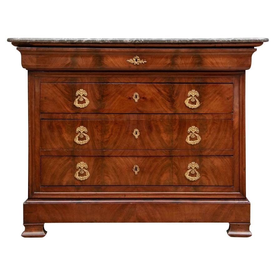 Fine French Marble Top Flame Mahogany Chest of Drawers