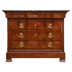 Antique Fine French Marble Top Flame Mahogany Chest of Drawers
