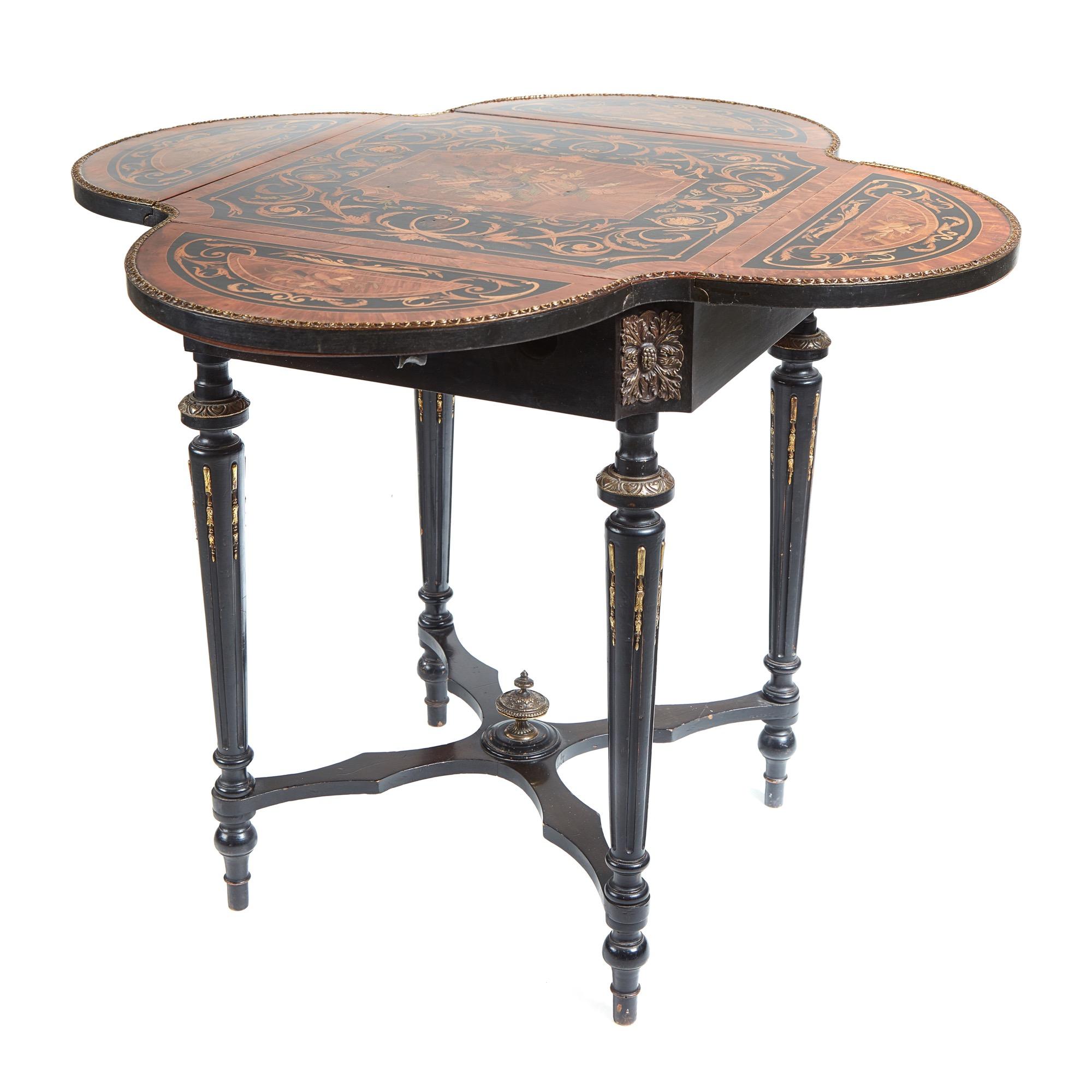 Fine French antique marquetry drop leaf occasional table, the top with fine marquetry, satinwood, walnut, boxwood, kingwood and black lacquer inlay framed within a kingwood cross-banding and boxwood stringing, the four shaped drop leafs with good