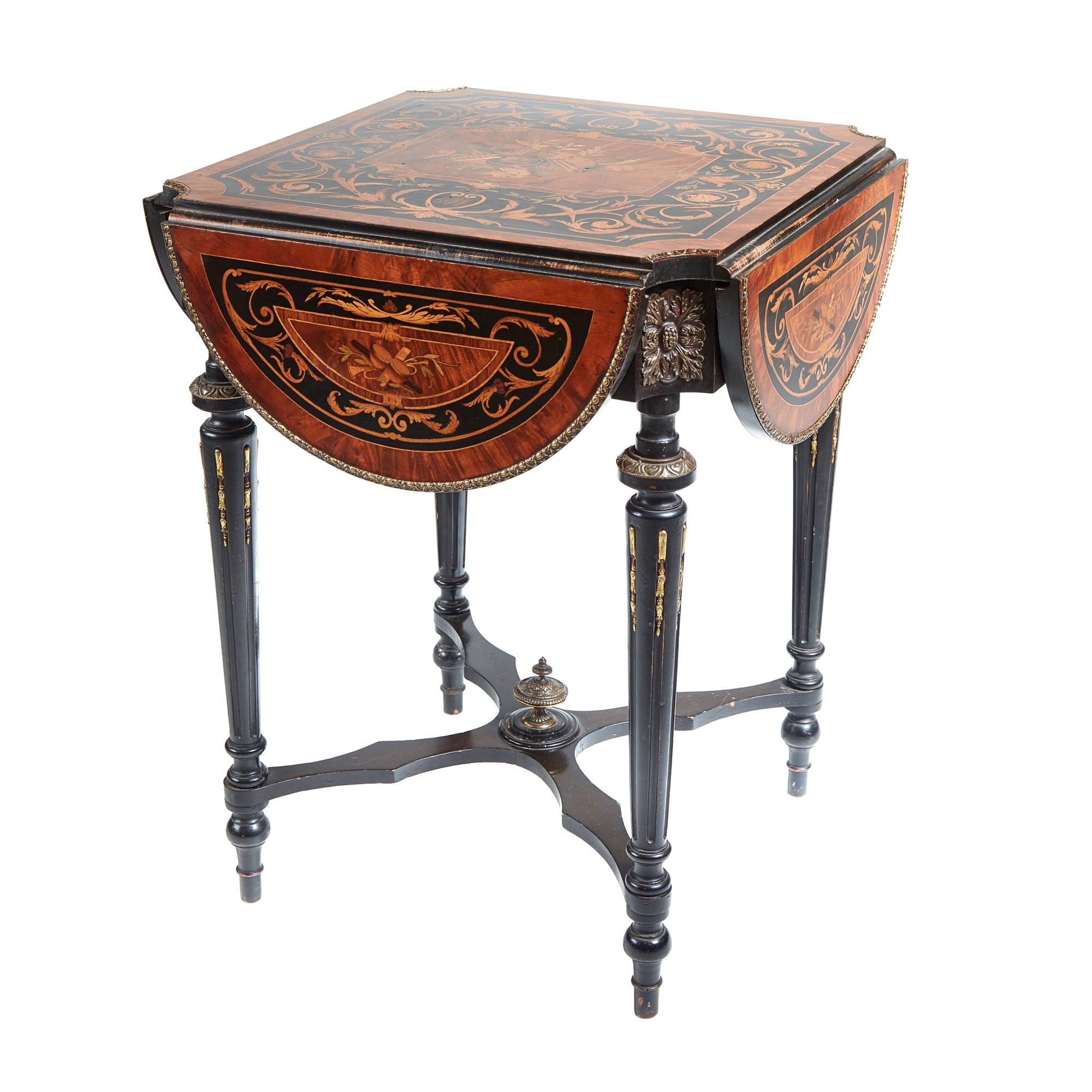 Fine French Marquetry Drop Leaf Table For Sale