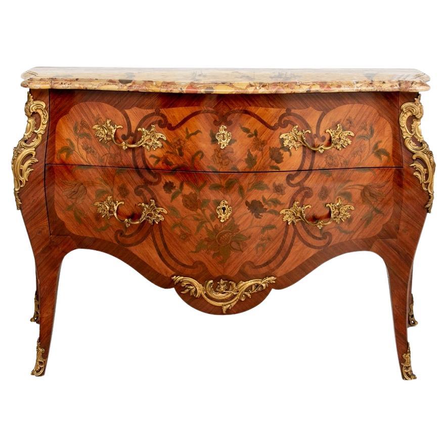 Fine French Marquetry Louis XV Style Commode With Marble Top