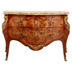 Vintage Fine French Marquetry Louis XV Style Commode With Marble Top