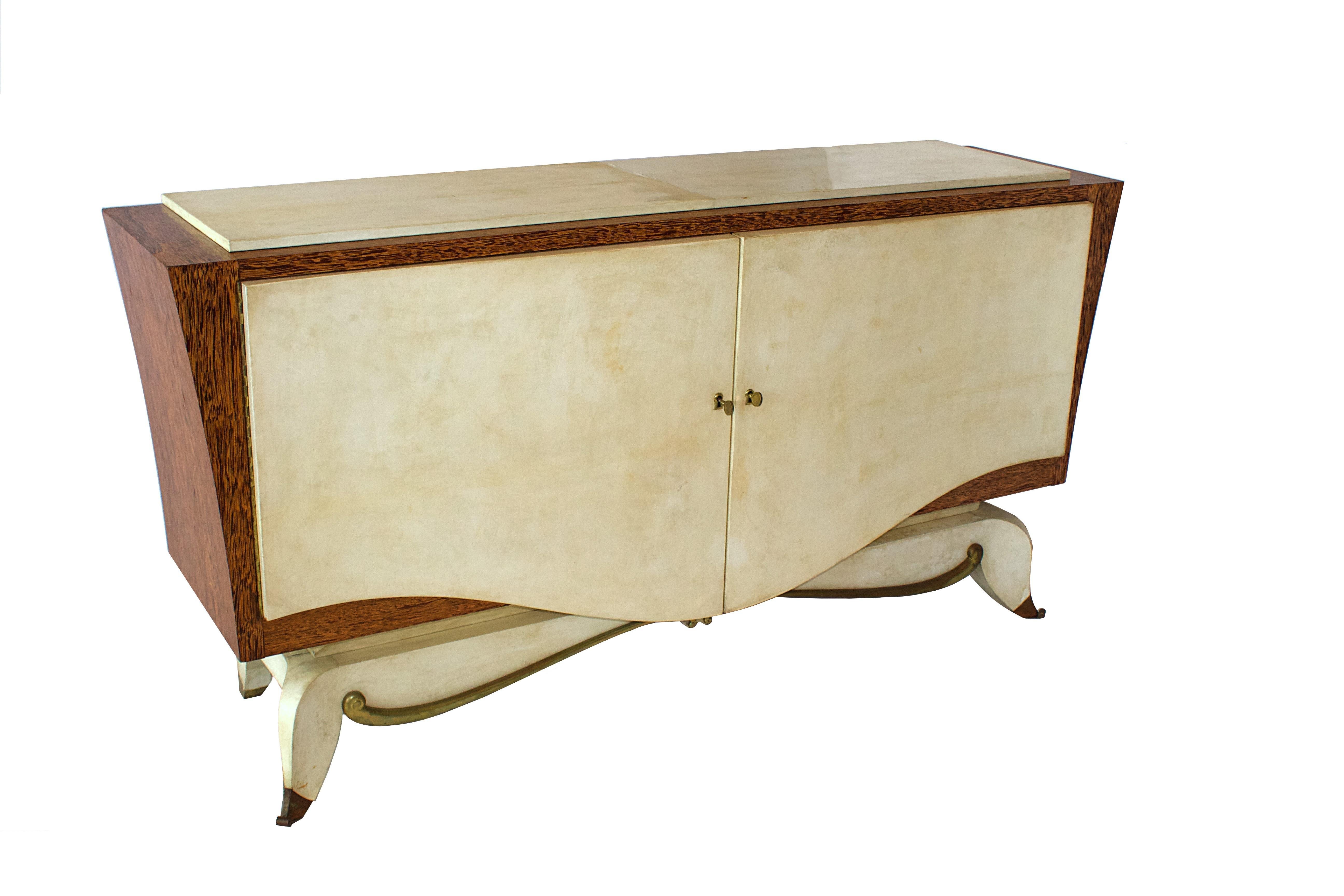 A Fine French Modern Parchment, Bronze and Zebrawood Credenza, attributed to Andre’ Arbus, 1940’s/50’s