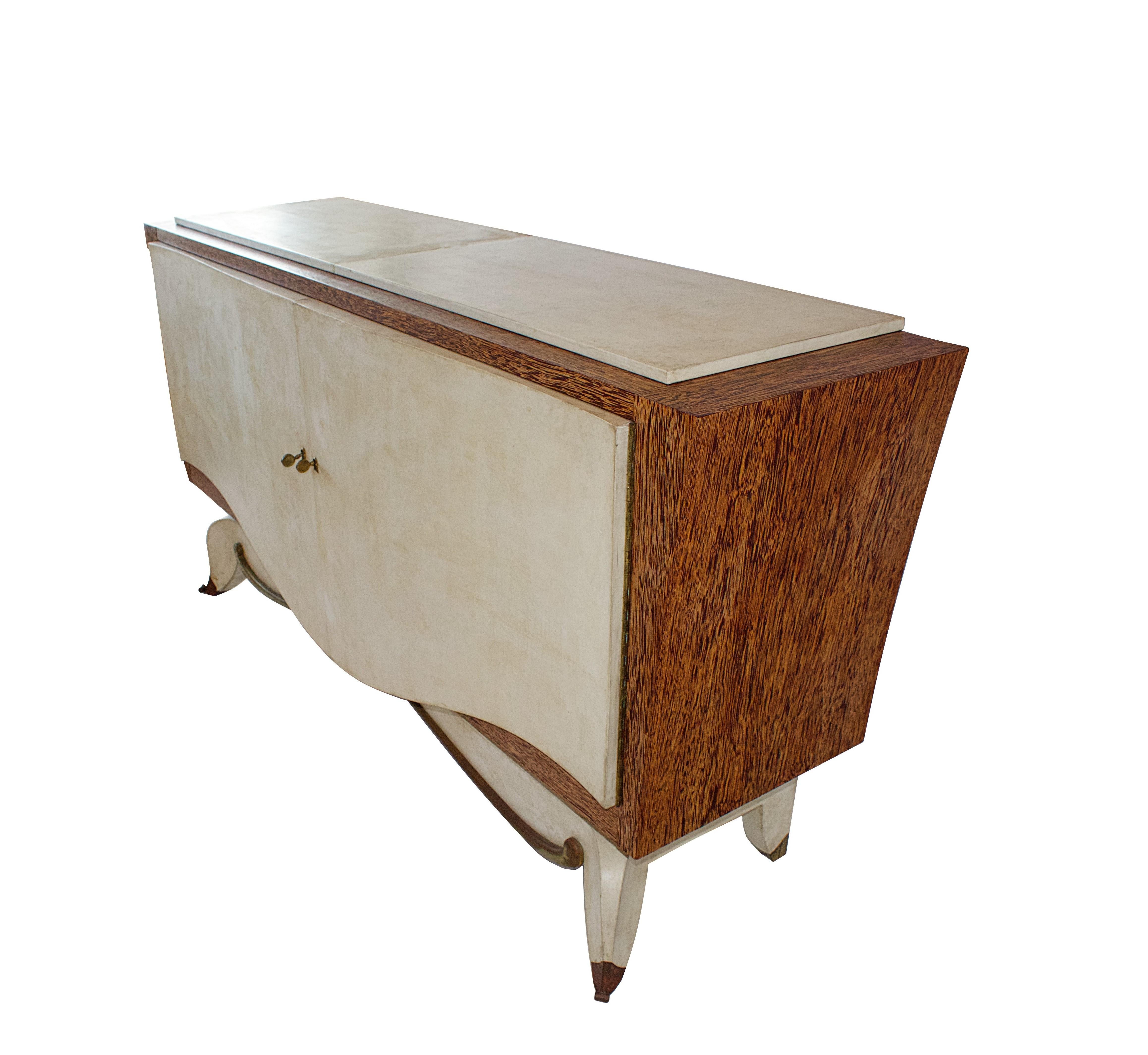 Art Deco French Modern Parchment, Bronze & Zebrawood Credenza, attributed to Andre Arbus