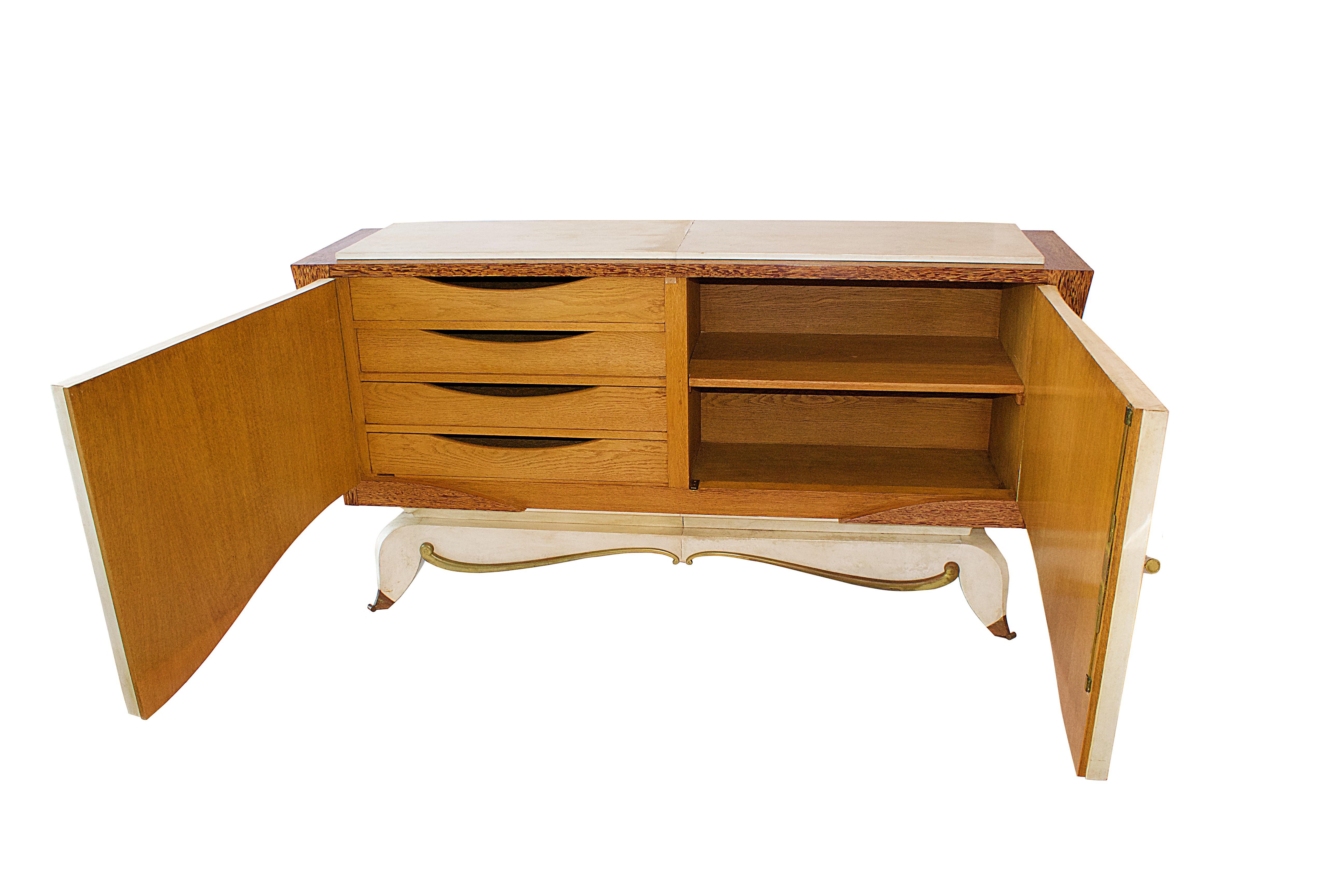 Mid-20th Century French Modern Parchment, Bronze & Zebrawood Credenza, attributed to Andre Arbus