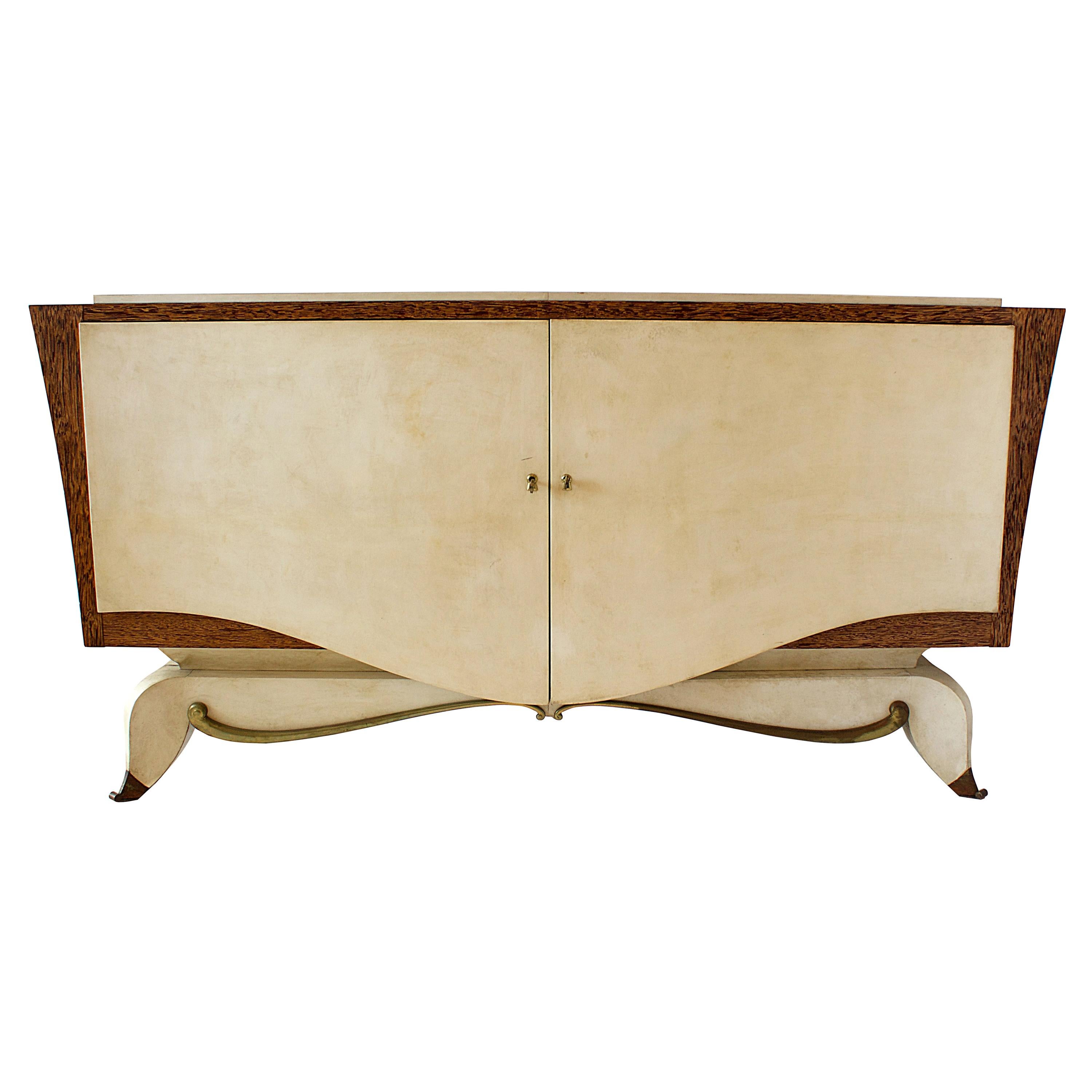 French Modern Parchment, Bronze & Zebrawood Credenza, attributed to Andre Arbus