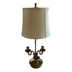 Vintage Fine French Neoclassical Bronze Three Candelabra Bouillotte Lamp Silk Shade