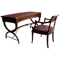 Fine French Neoclassical Mahogany Curved Desk and Armchair