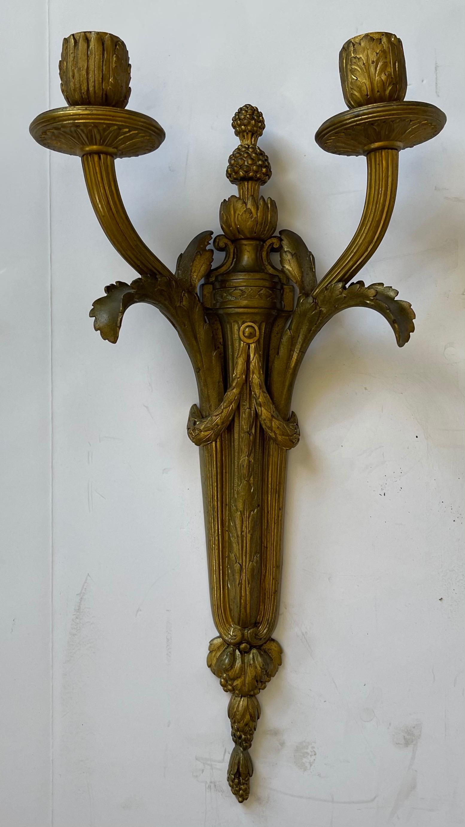 Gilt Fine French Neoclassical Regency Bronze Empire Two Arm Swag Urn Two Arm Sconces  For Sale