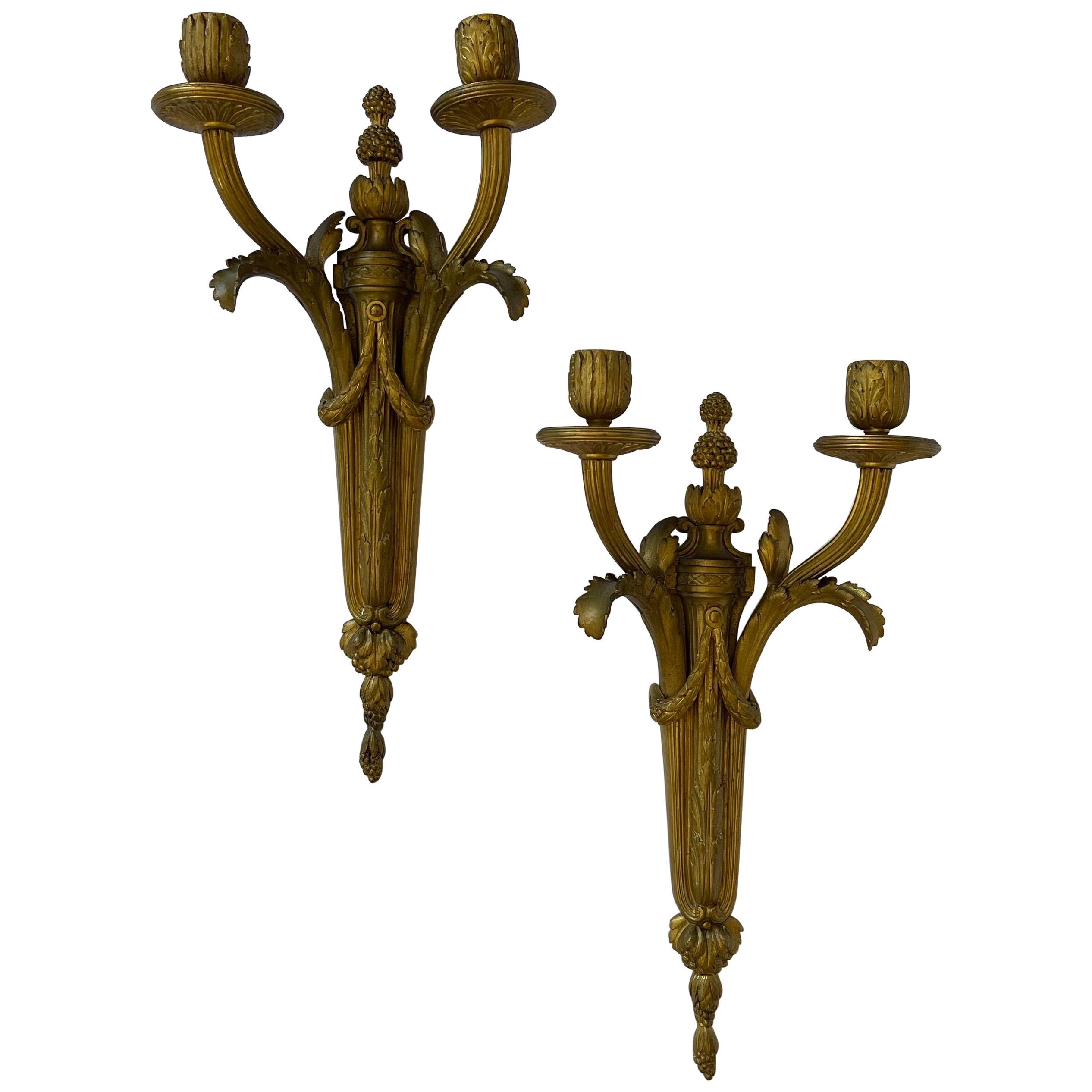 Fine French Neoclassical Regency Bronze Empire Two Arm Swag Urn Two Arm Sconces 