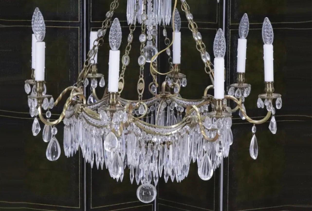 Wonderful French Made Elegant Russian / Baltic Empire / Neoclassical Style Doré Bronze And Crystal 8 Candelabra Light Chandelier, Wiring Is Up To Date. 
Currently Measuring 30