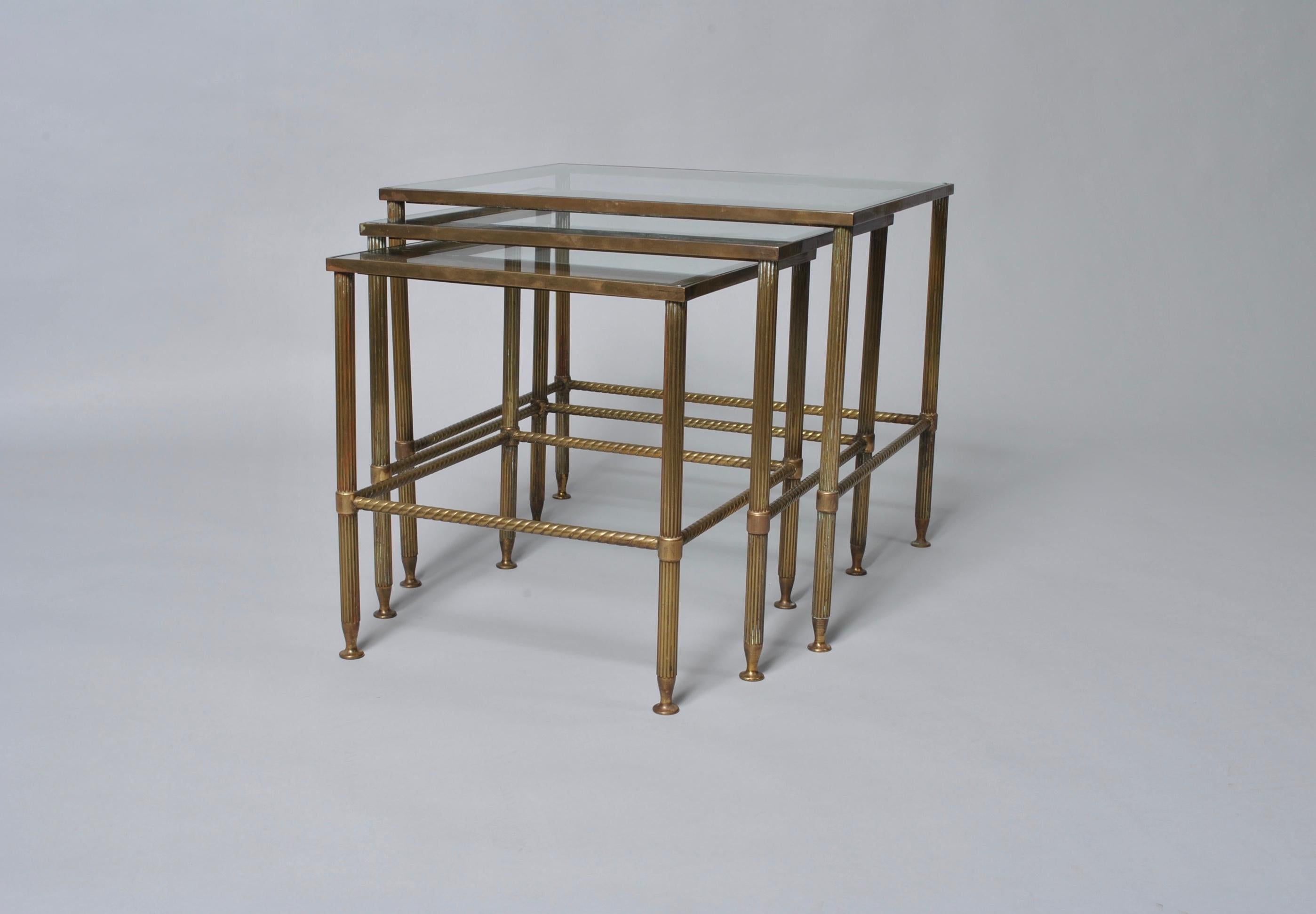 Glass Midcentury French Nest Tables, Brass, 1950s