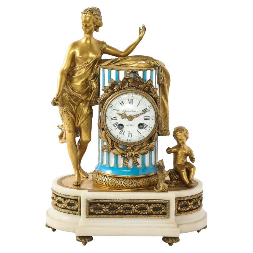 Fine French Ormolu, Marble, and Sevres Style Porcelain "Marie Antoinette" Clock For Sale