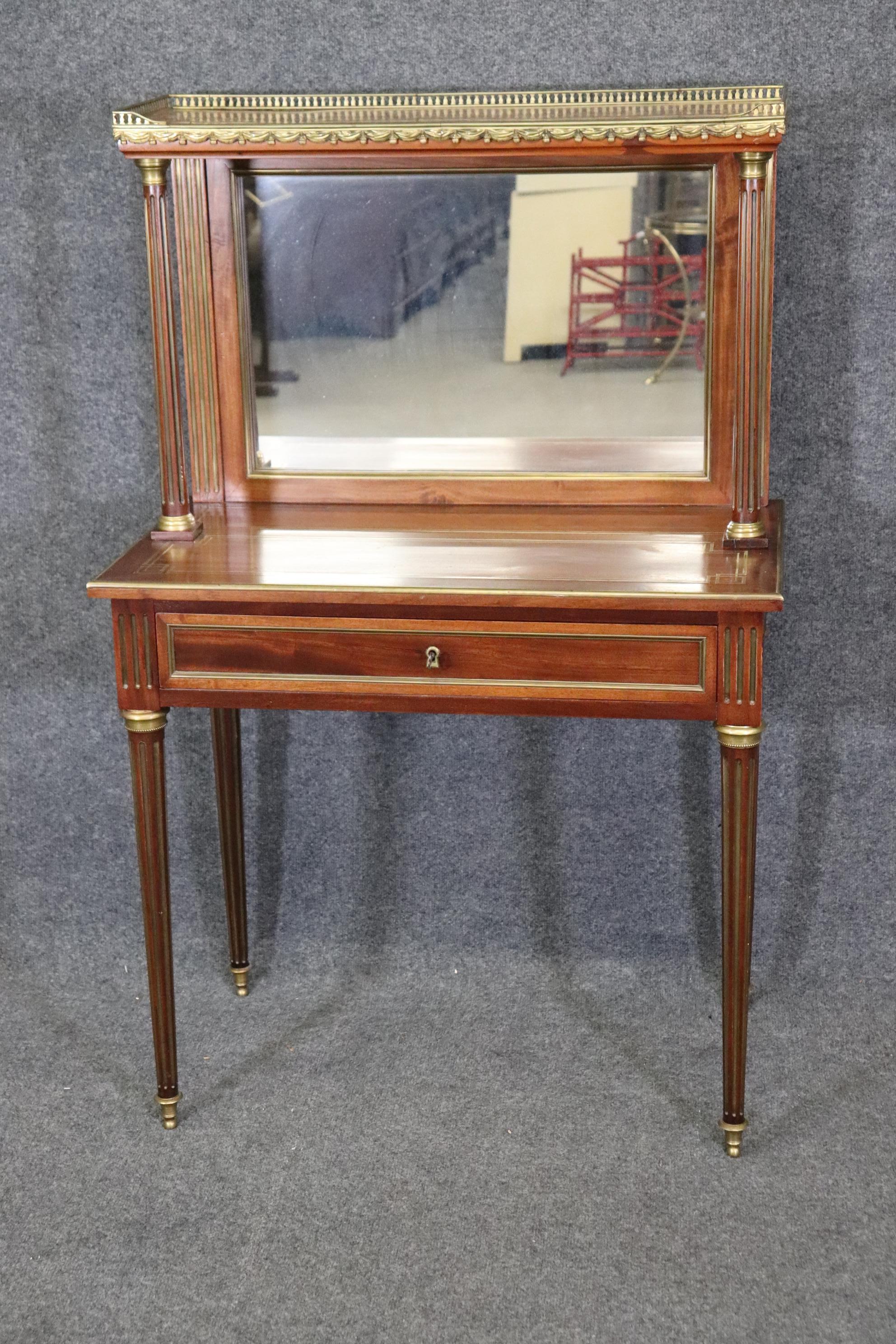 Brass Fine French Ormolu Mounted Mahogany Directoire Marble Top Mirrored Vanity Desk  For Sale