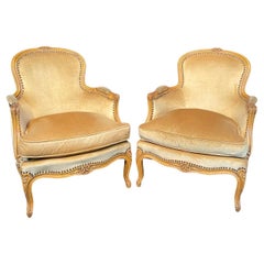 Fine French Pair Louis XV Small Bergeres Chairs with Brass Tacking