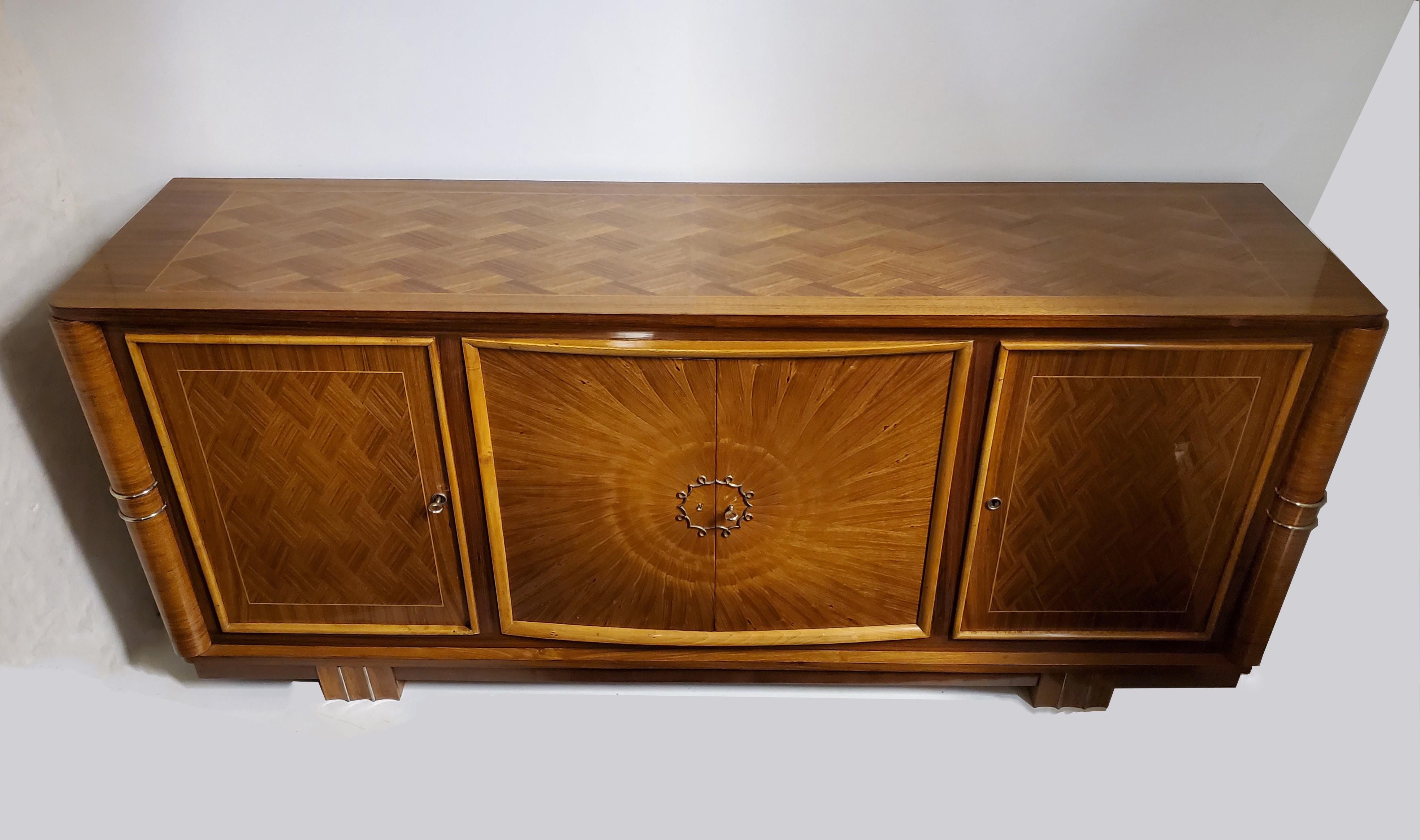 Art Deco Fine French Parquetry and Marquetry Inlaid Sunburst Cabinet Att to Lucien Rollin For Sale