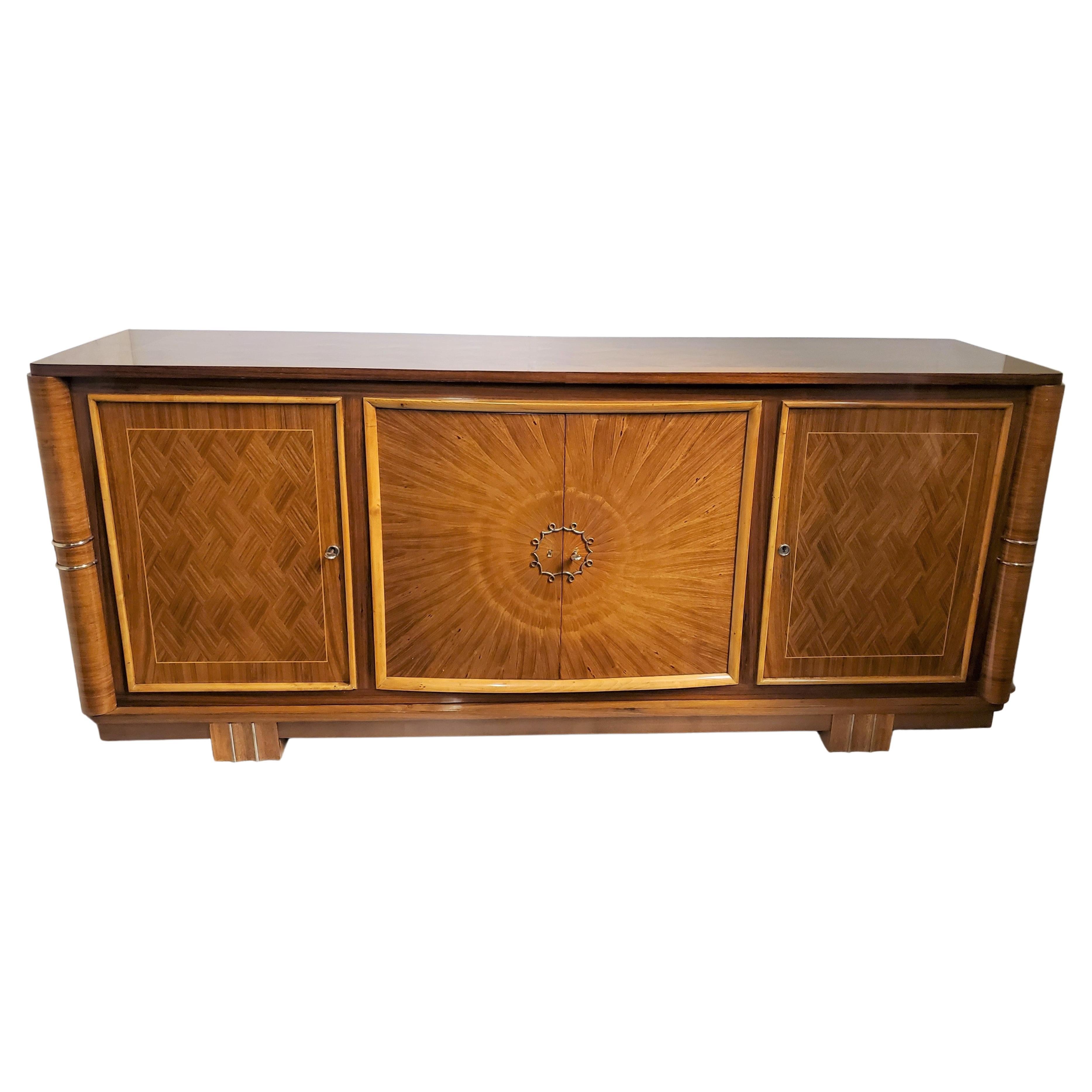 Fine French Parquetry and Marquetry Inlaid Sunburst Cabinet Att to Lucien Rollin For Sale