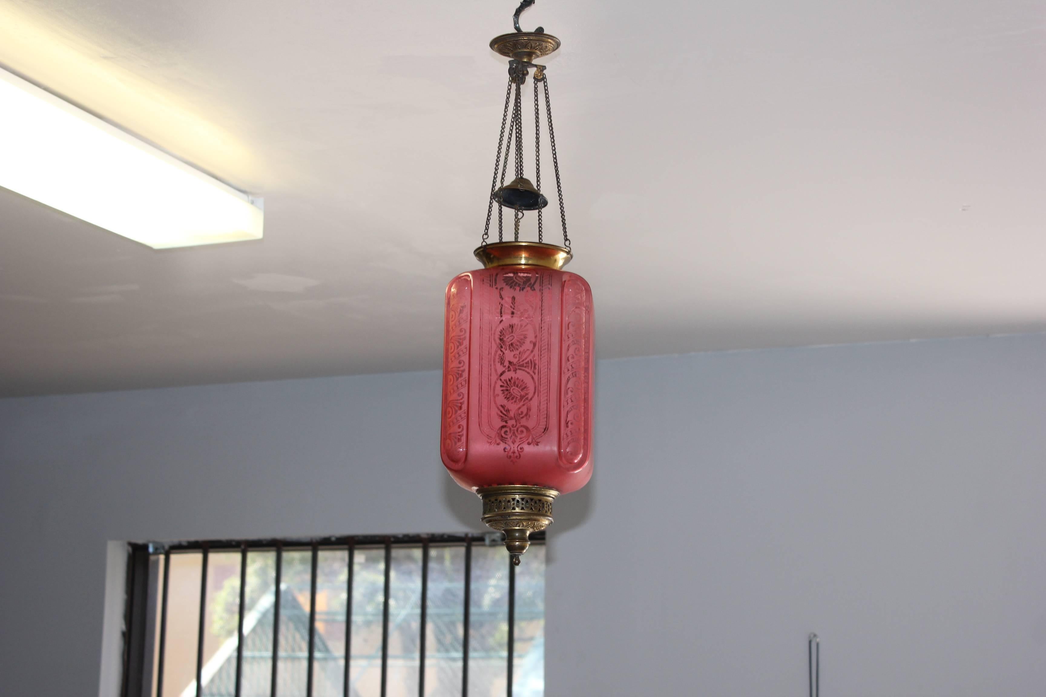 Fine French Pink Oil Lantern or Pendant Signed by ''Baccarat'', circa 1900 4