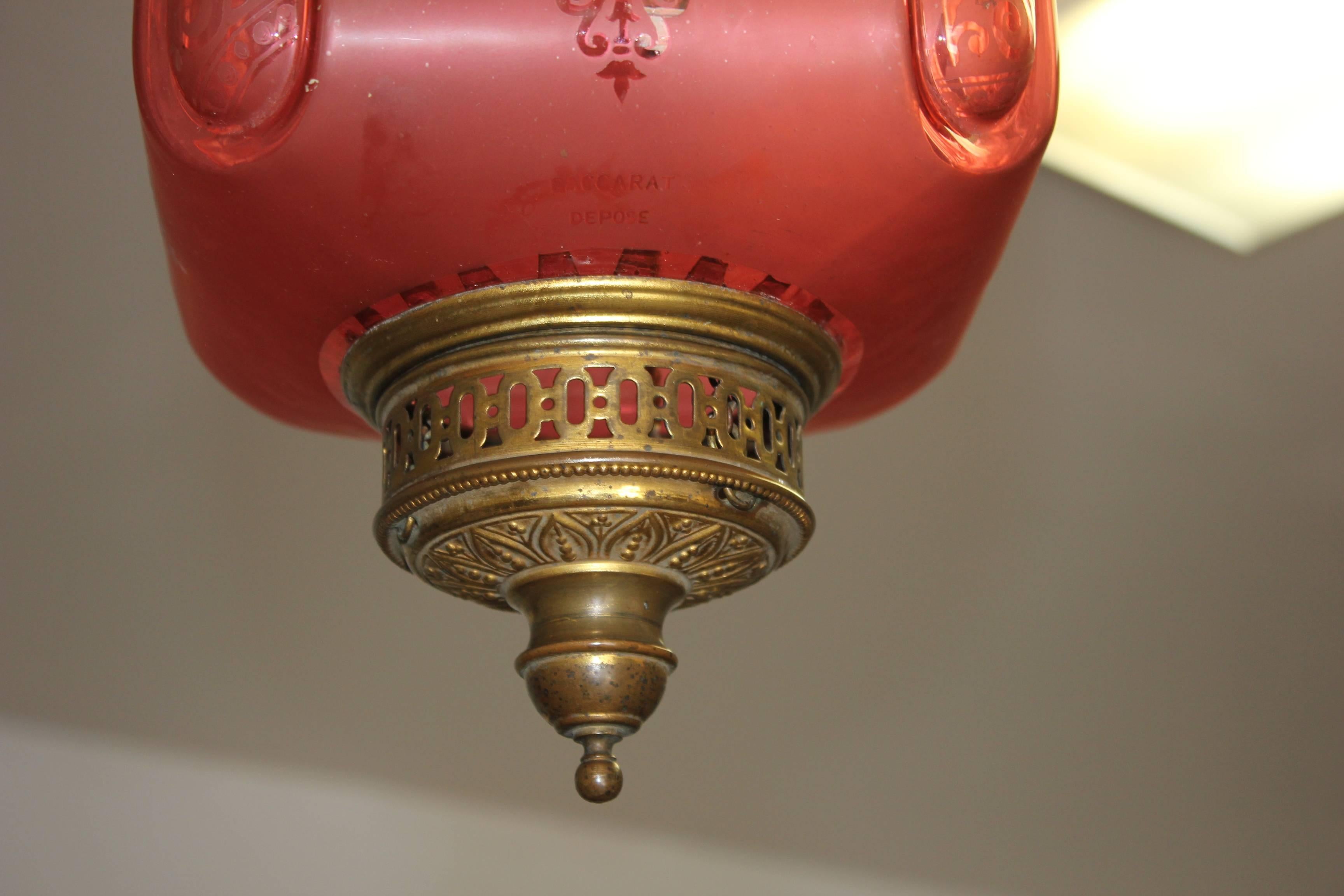 Fine French Pink Oil Lantern or Pendant Signed by ''Baccarat'', circa 1900 6