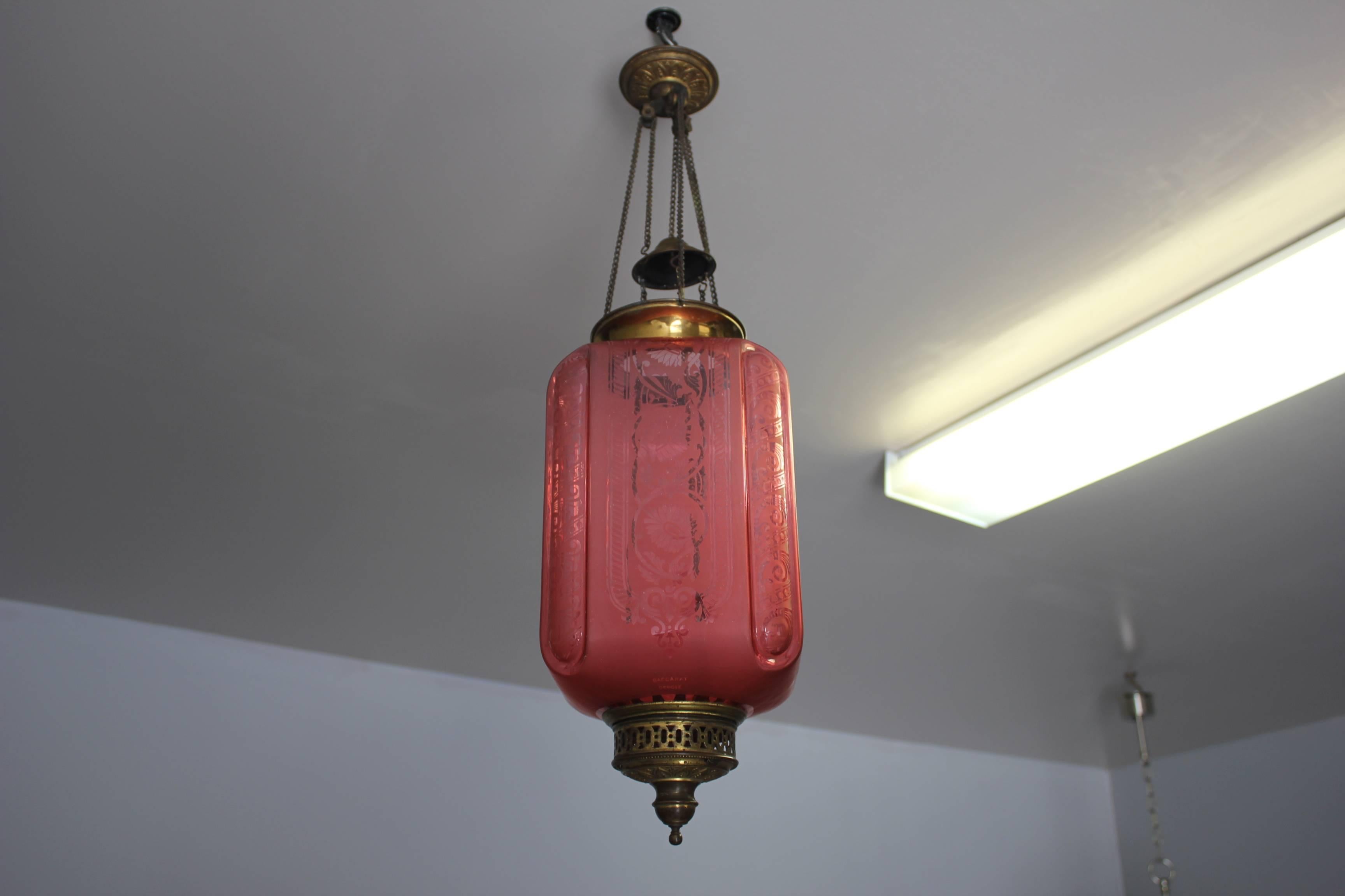 Fine French Pink Oil Lantern or Pendant Signed by ''Baccarat'', circa 1900 7