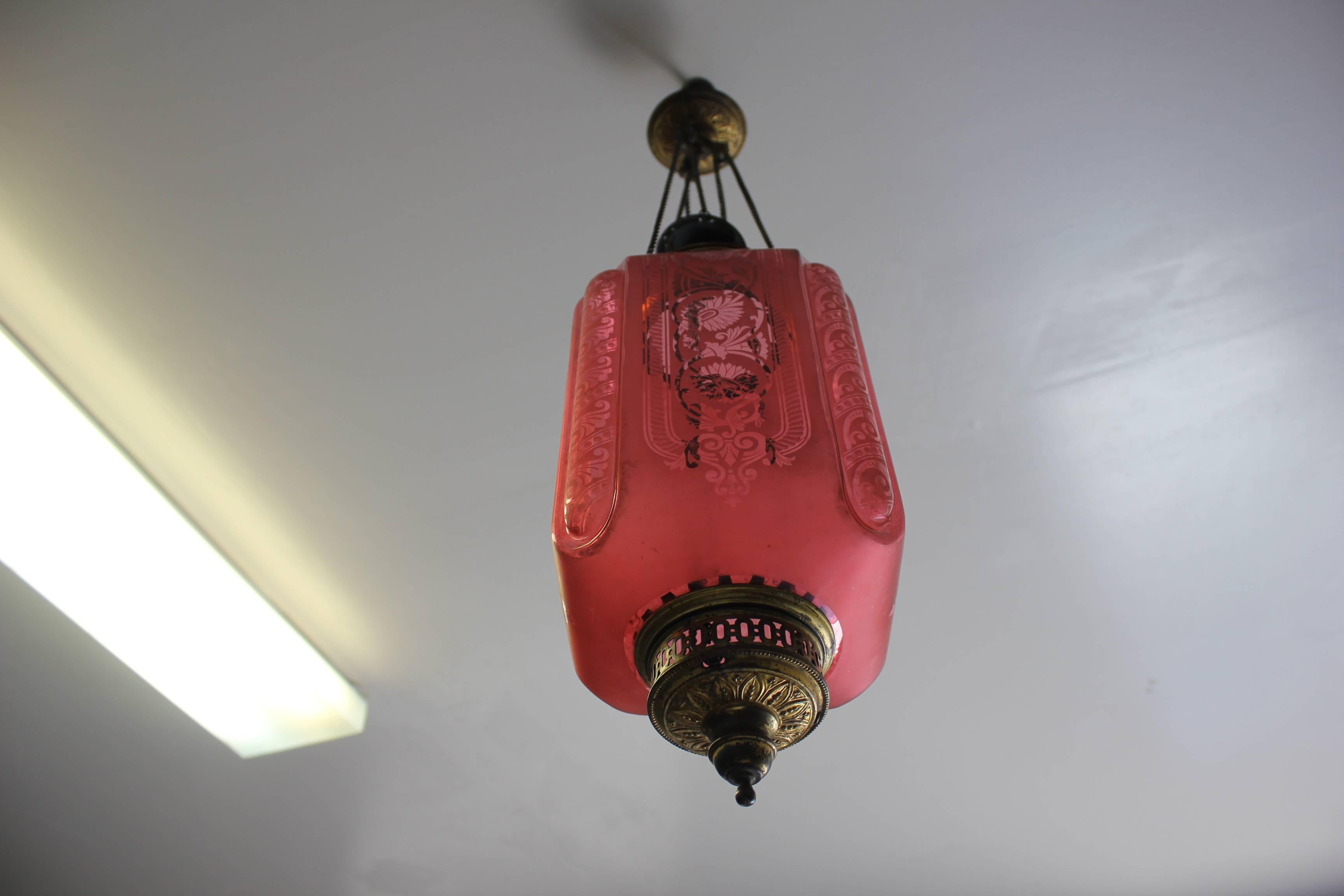 Fine French Pink Oil Lantern or Pendant Signed by ''Baccarat'', circa 1900 8