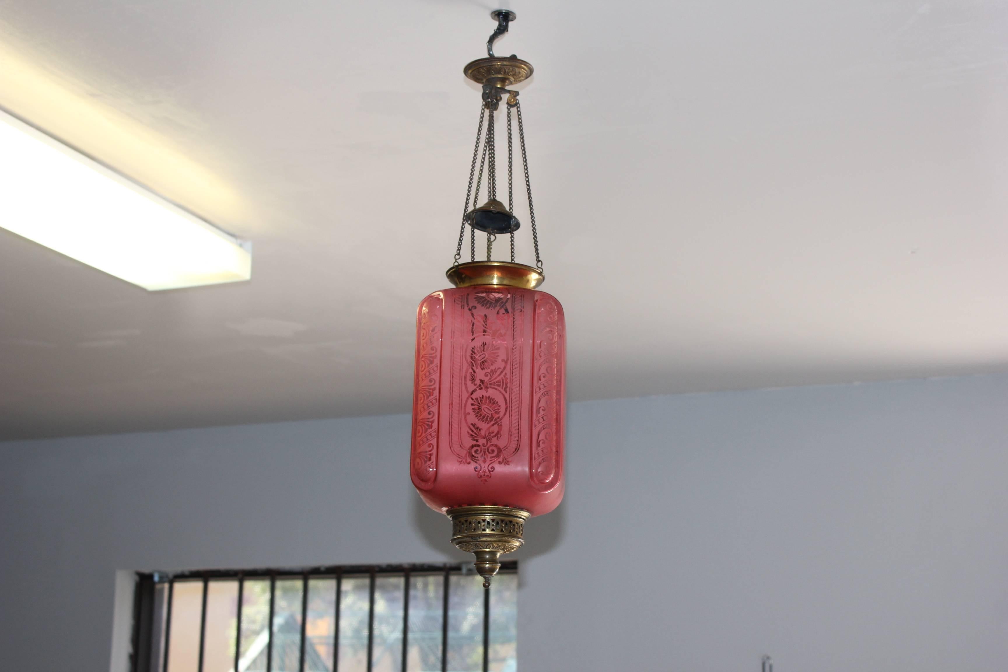 Fine French Pink Oil Lantern or Pendant Signed by ''Baccarat'', circa 1900 10