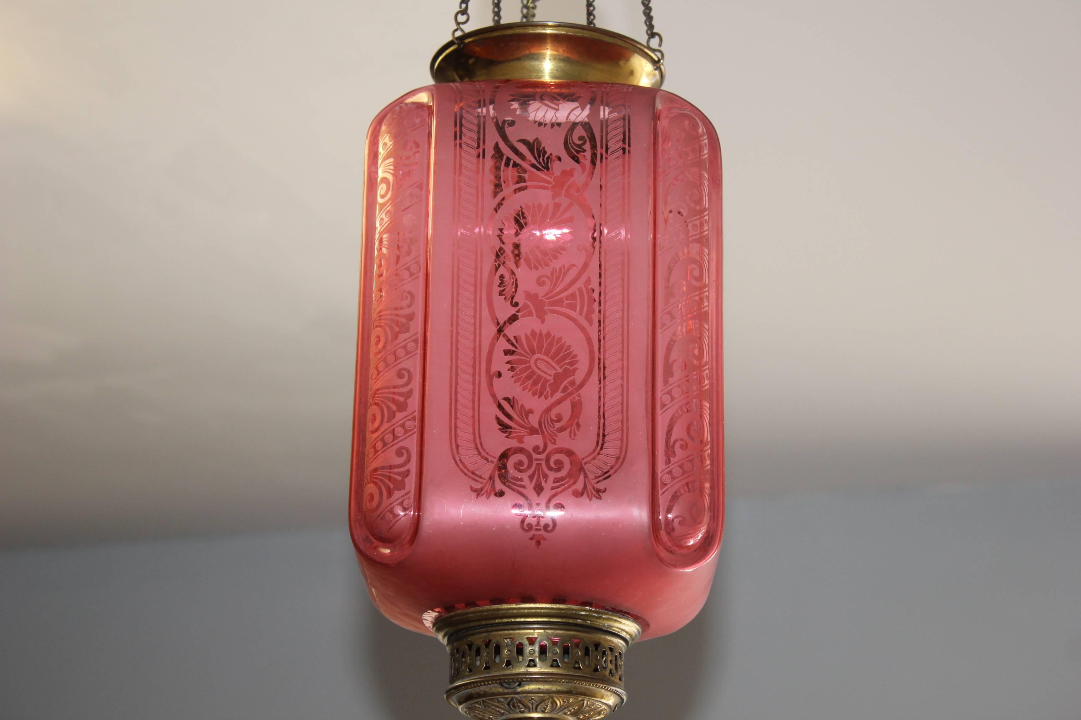 Fine French Pink Oil Lantern or Pendant Signed by ''Baccarat'', circa 1900 11