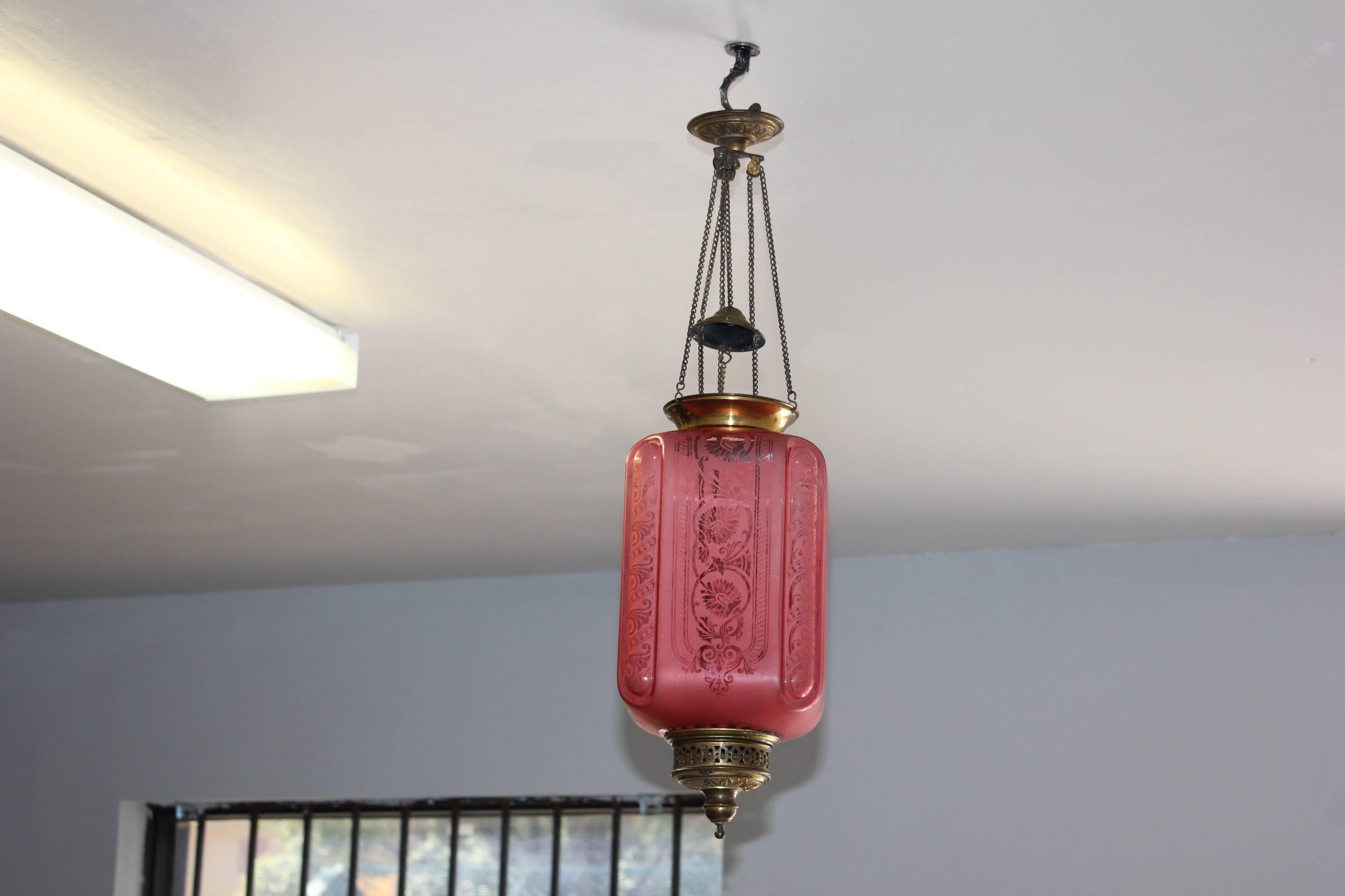 Fine French Pink Oil Lantern or Pendant Signed by ''Baccarat'', circa 1900 14
