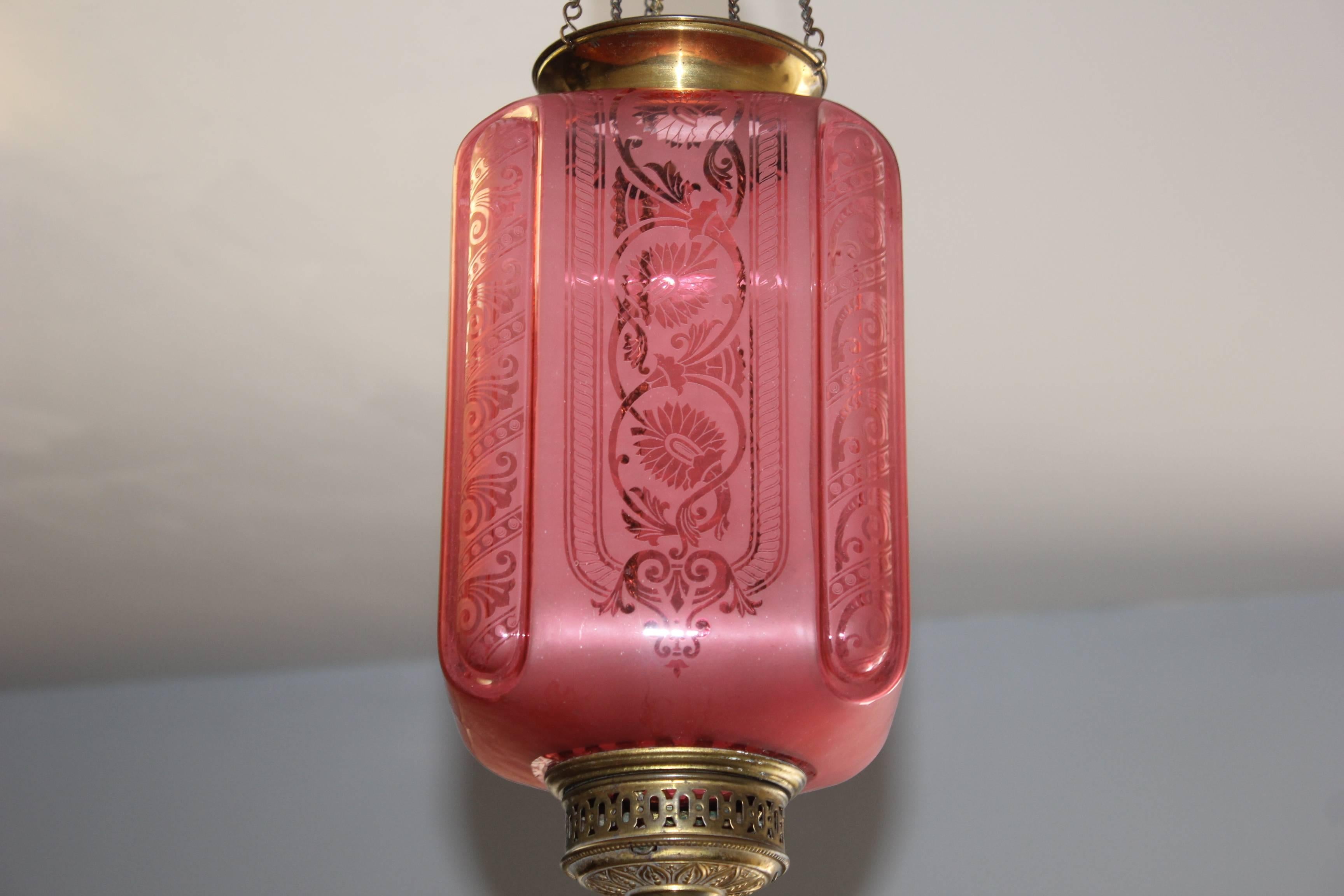 Early 20th Century Fine French Pink Oil Lantern or Pendant Signed by ''Baccarat'', circa 1900