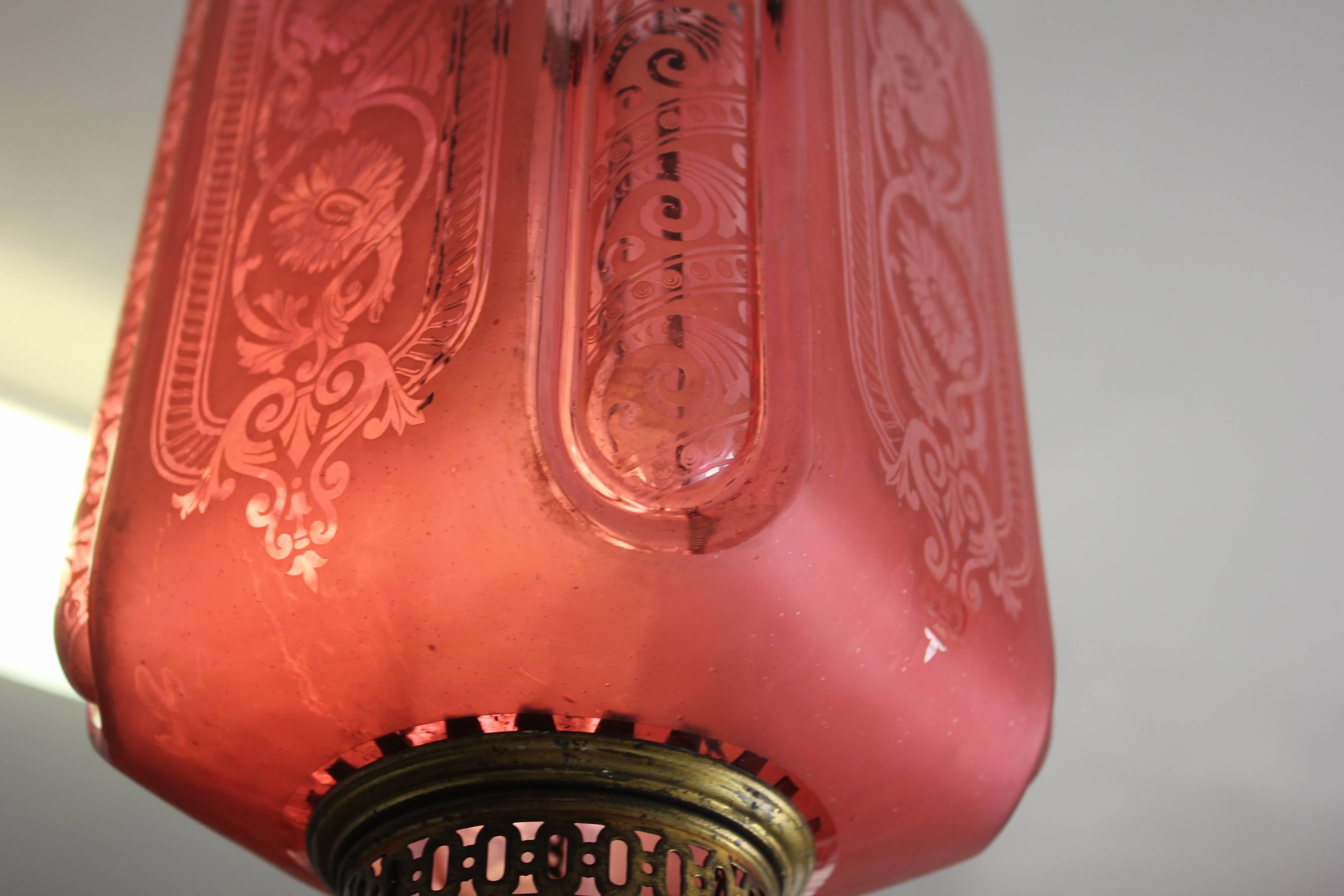 Bronze Fine French Pink Oil Lantern or Pendant Signed by ''Baccarat'', circa 1900